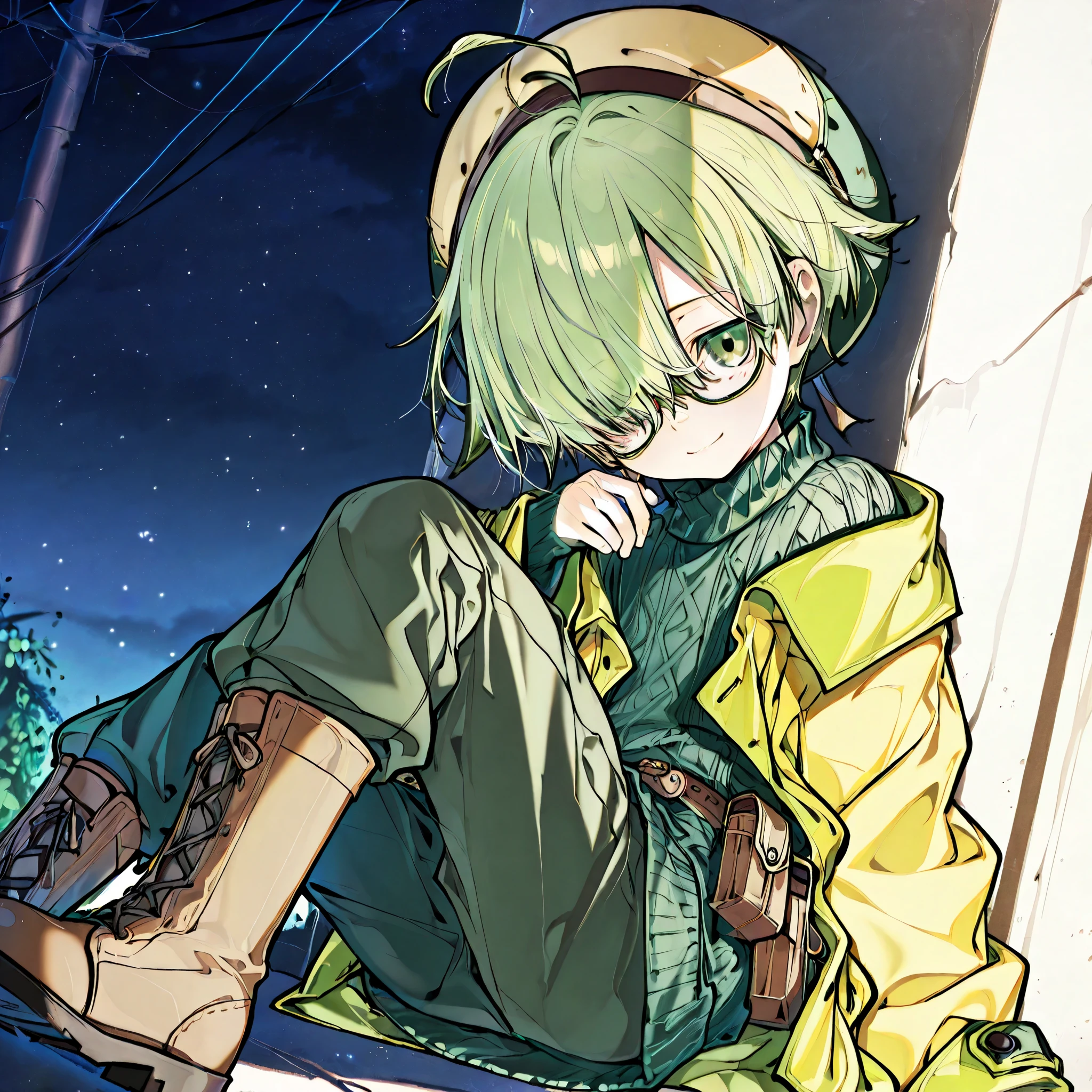 (boy), green ivy hair, green eyes, short cut, side part, ahoge, hair over one eye, thin eyebrows, young, expressionless, alone, short, Shota, solo, outside, at night, Thin, yellow coat, pants, mild smile, sweater, glasses, waist pouch, long boots, cap, laughing, looking at viewer