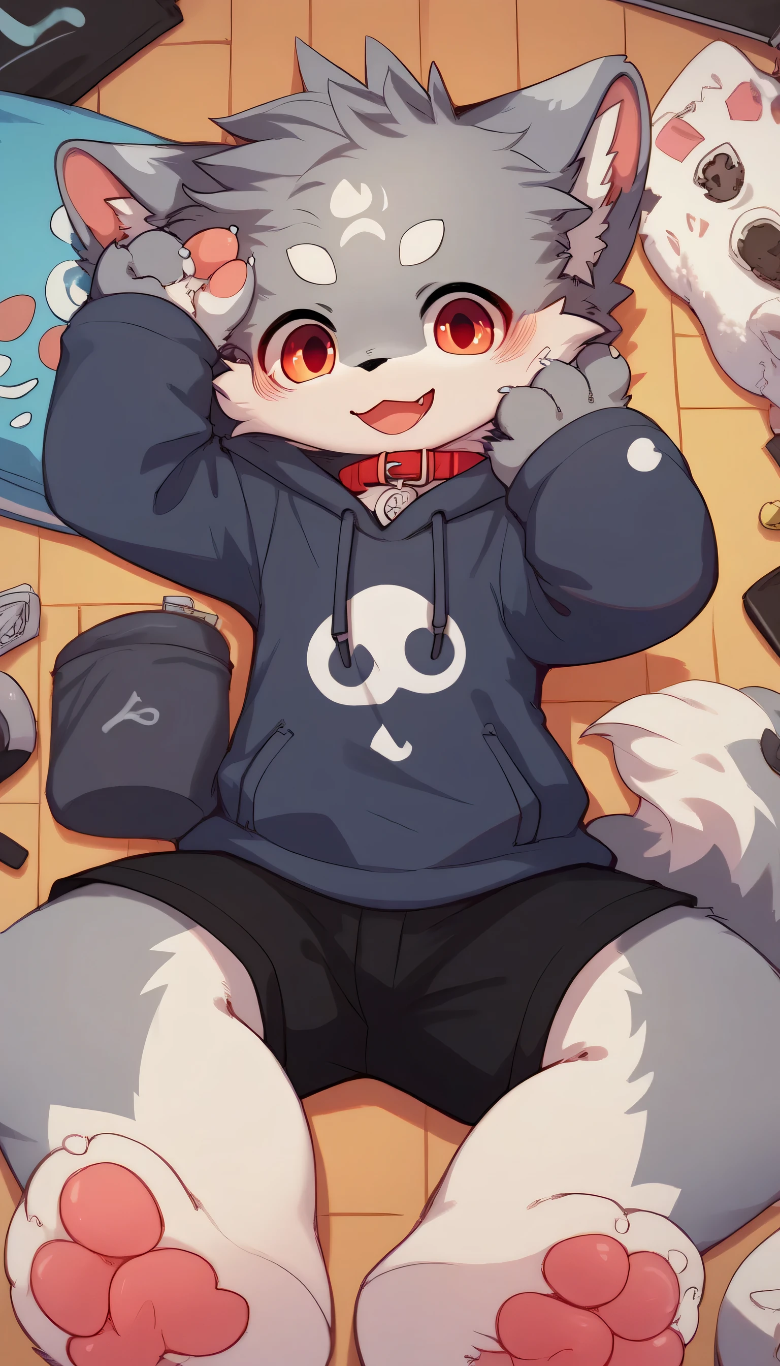   very detailed having fun in great detail,gray hair and gray fur , gray wolf , shemono,Grey Hair,,Participation, red collar on the floor,  cute face,  fluffy fur ,The three cute furries dance ！Horny boy , white background,  Embarrassed Face ,wide smile,happy smile cute grey fur fur, estrus, droopy ears, alone, black shorts  ,  sweatshirt , Long Sleeve ,trend,