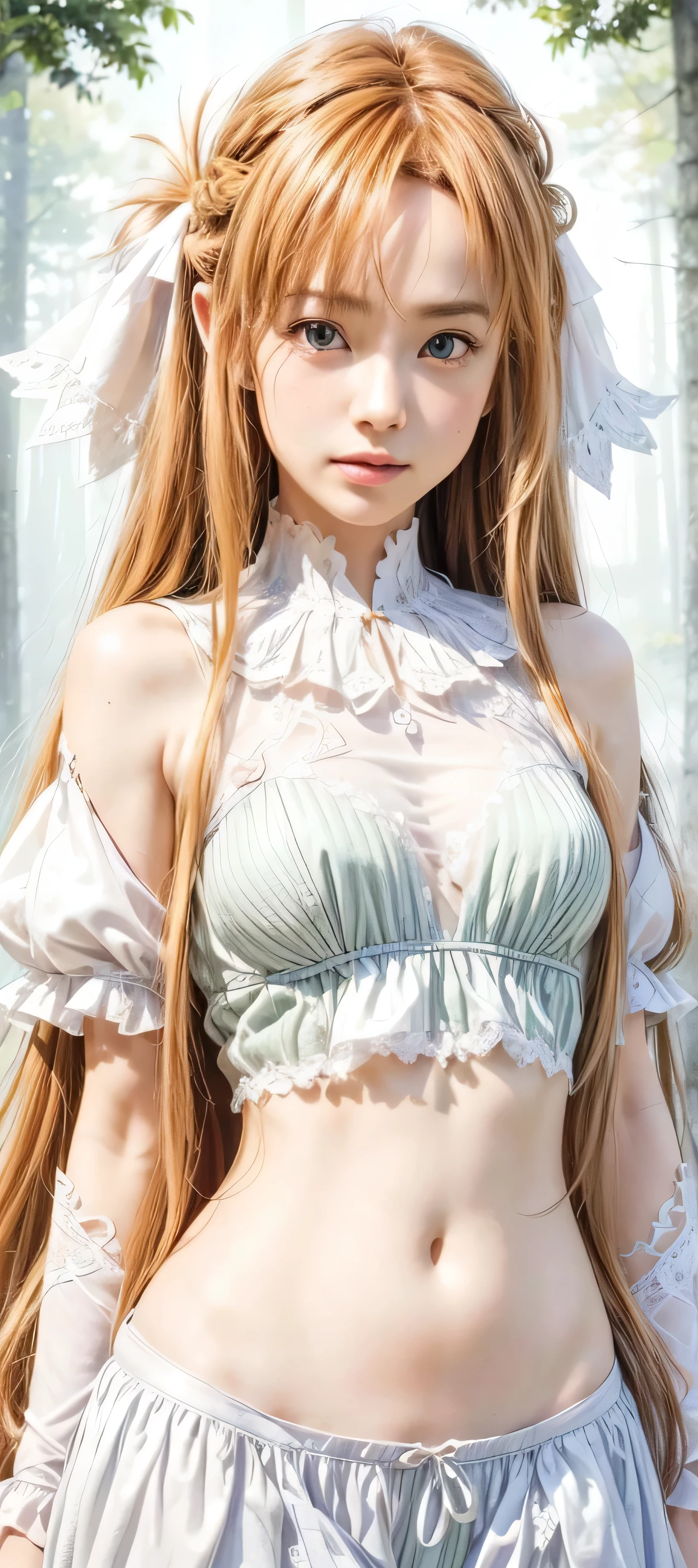 masterpiece, best quality, (realistic,photo-realistic:1.4), (RAW photo:1.2), extremely detailed CG unity 8k wallpaper, delicate and beautiful, amazing,finely detail, official art, absurdres, incredibly absurdres, huge filesize, ultra-detailed,extremely detailed eyes and face,light on face,yuuki asuna,(caramel hair:1.4),(long hair:1.4),(forest backgriund:1.5),nature background,(hair ribbon:1.4),(forest:1.5),(wearing stacia outfit:1.5),armor