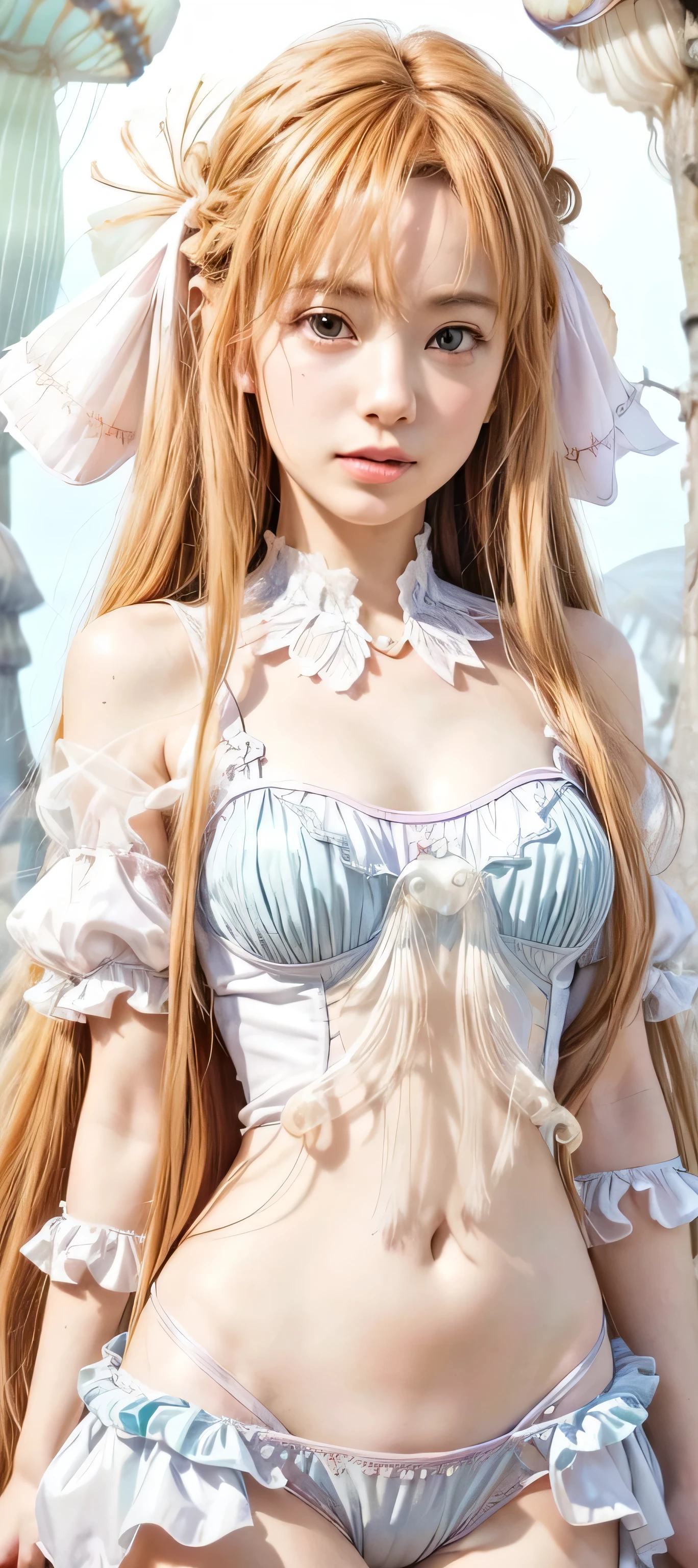 masterpiece, best quality, (realistic,photo-realistic:1.4), (RAW photo:1.2), extremely detailed CG unity 8k wallpaper, delicate and beautiful, amazing,finely detail, official art, absurdres, incredibly absurdres, huge filesize, ultra-detailed,extremely detailed eyes and face,light on face,yuuki asuna,(caramel hair:1.4),(long hair:1.4),(forest backgriund:1.5),nature background,(hair ribbon:1.4),(forest:1.5),(wearing jellyfish outfit:1.5)
