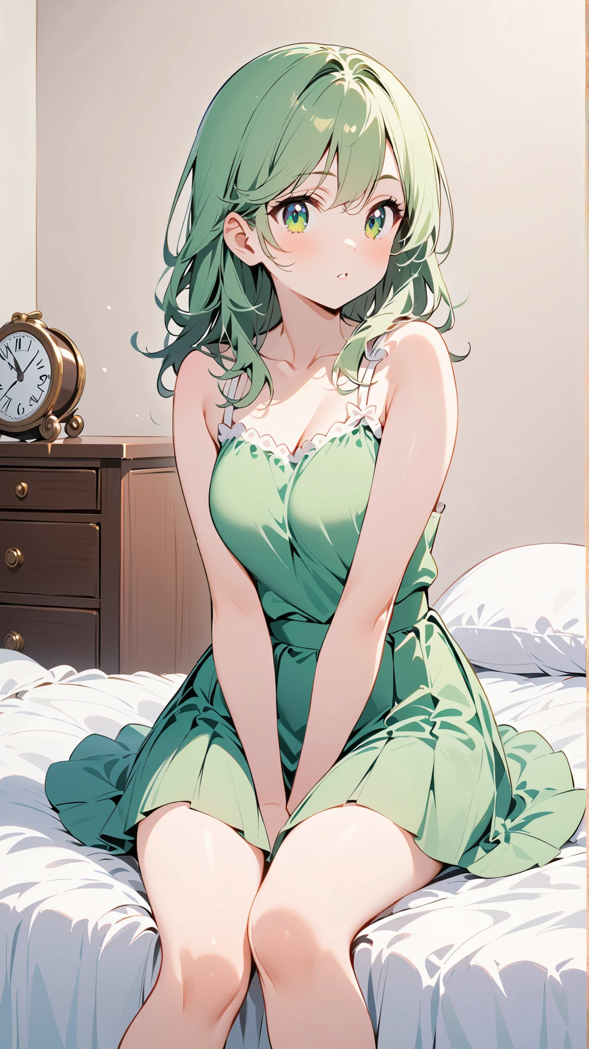 1 girl, Full Body Portrait, Green long hair , green eyes , sit on the bed ,Green top, green skirt with bow ,plain and unadorned , show your legs , show your arms,Mature charm, cute,Strong