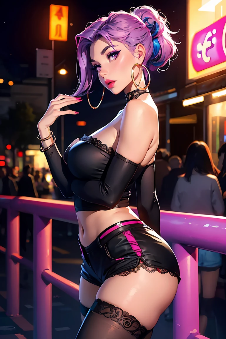 maid girl,(((1girl))),((maid girl with extremely cute and beautiful black hair)),
(large breasts:1.4),bountiful breasts,fluffy breasts,H cup bust,bust up,bulging bust top,(((black bob hair:1.35,colored inner hair,short hair,ear breathing))),(((neon_purple_eyes:1.3))),intricate eyes,beautiful detailed eyes,symmetrical eyes,big eyes:1.3,((fat)),(((lustrous skin:1.5,bright skin: 1.5,skin tanned,shiny skin,very shiny skin,shiny body,plastic glitter skin,exaggerated shiny skin,illuminated skin,wet legs))),(spider lower abdomen,narrow waist,wide hip,athletic body,inflated legs,detailed body,(detailed face)),
cute,slutty,seductive,erotic,((nsfw)),
zettai ryouiki,(maid headdress),maid uniform,Headdress,(maid),sleeveless,mini skirt,boots,cleavage cutout,bare legs,clothes with a lot of lace frills,((wet clothes,intricate outfit,intricate clothes)),
(dynamic pose:1.0),solo focus,embarrassed,blush,sweat,((tears,open mouth)),moist eyes,(centered,scale to fit dimensions,Rule of thirds),
cyberpunk city by the ocean at night, with bright neon signs and dark stormy clouds and puddles, scenery:1.25,
artistic photography,(photography taken by sldr),highres, sharp focus, (ultra detailed, extremely detailed), (photorealistic artwork:1.37),(extremely detailed CG unity 8k wallpaper),((synthwave background theme)),(((vibrant colors))),(intricate background),(masterpiece),(best quality),