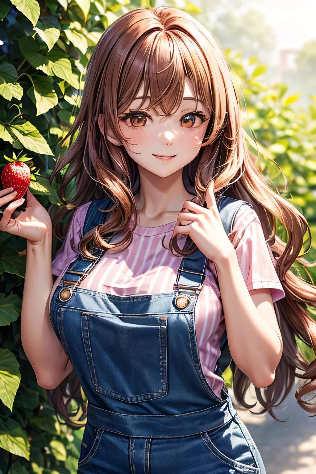 Light-skinned girl with long brown hair, fringe and a red bow on the back of her head, wearing blue dungarees with a white short-sleeved T-shirt with blue shorts and knee-high socks, eyes closed, red shoes in the background on a strawberry field with red cheeks eating a strawberry with a picnic blanket