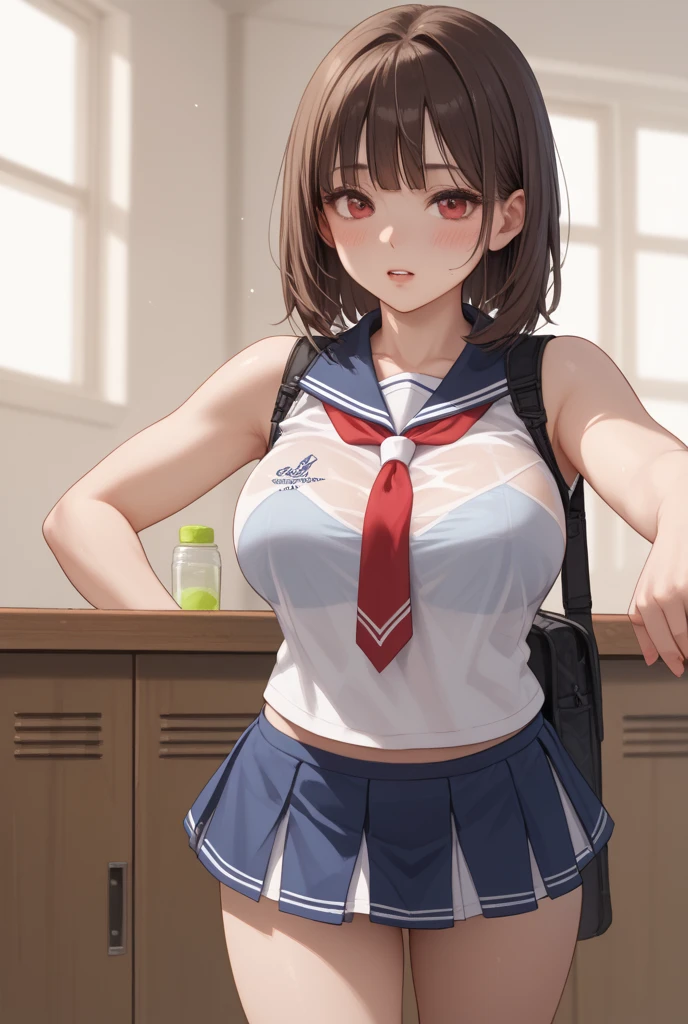 (highest quality), (masterpiece), 1080p, hd, 4k, 8K, 2 girls, strap slip, show off nipple, bustes press, classroom, Small and large breasts, Nipple exposure, ((school swimsuit )), embarrassed, ((Sweat)), classroom, Shoulder Bare, ((cleavage)), smile, exposing nipples, Low angle, black hair, Pigtails, blunt bangs, Thigh-high socks, 18-year-old, night