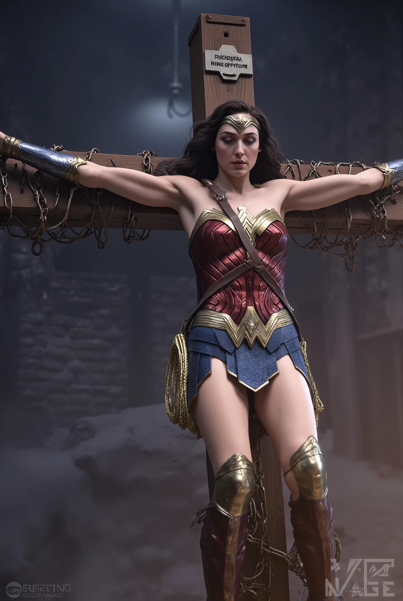 Gal Gadot is Wonder woman, a Wonder woman is crucifixion on the cross, a very beautiful face, very bright white skin, brown hair, she is unconsciousness, sleep, eyes close, never smile, bound arms to the cross by chain, a lot of chains bound tighten on her arms, painful face, Excruciating pain face, photorealistic, hyper realistic, whole body visible, in the night, in the Nazi underground prison,