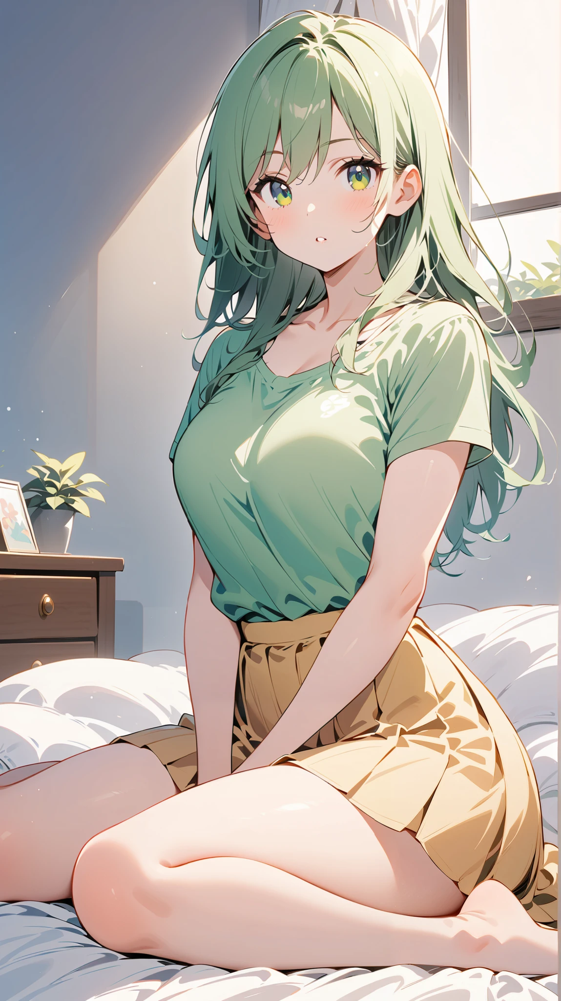 1 girl, Full Body Portrait, Green long hair , green eyes , sit on the bed ,Green top, skirt,plain and unadorned , show your legs , show your arms,Mature charm, cute,Strong