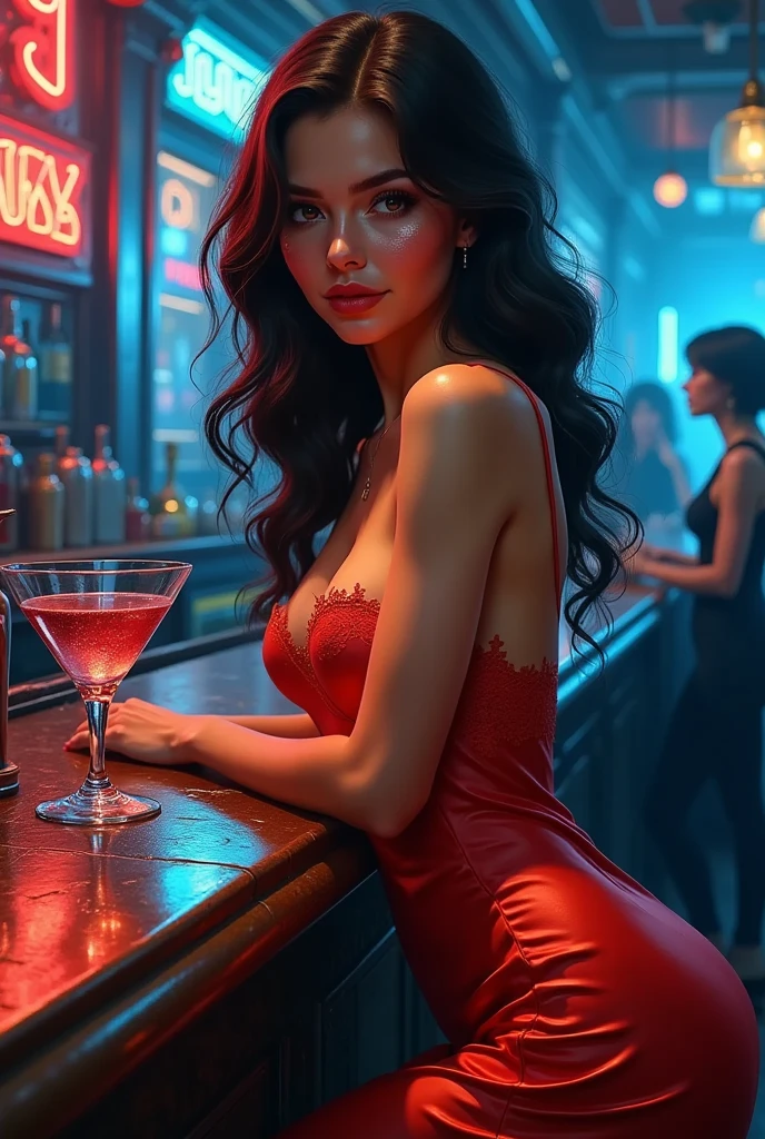 (full body shot:1.7) photorealistic image of a (sitting pose:1.3) woman, ultra realistic, photography, long red hair, girl, 24 years old, hourglass figure, perfect body, natural medium breasts, A hyper realistic image, with richness in details, with blue and purple bright colors in the cyberpunk style, of a 21 year old woman having a drink, with a very sensual and attractive expression, your hands are perfect and detailed, your hair very well detailed, you can see many men standing around at her table, she loves the attention and teasing them, hot body, realistic, detailed, smooth, sharp focus , realistic, highly detailed, sharp focus, nsfw.