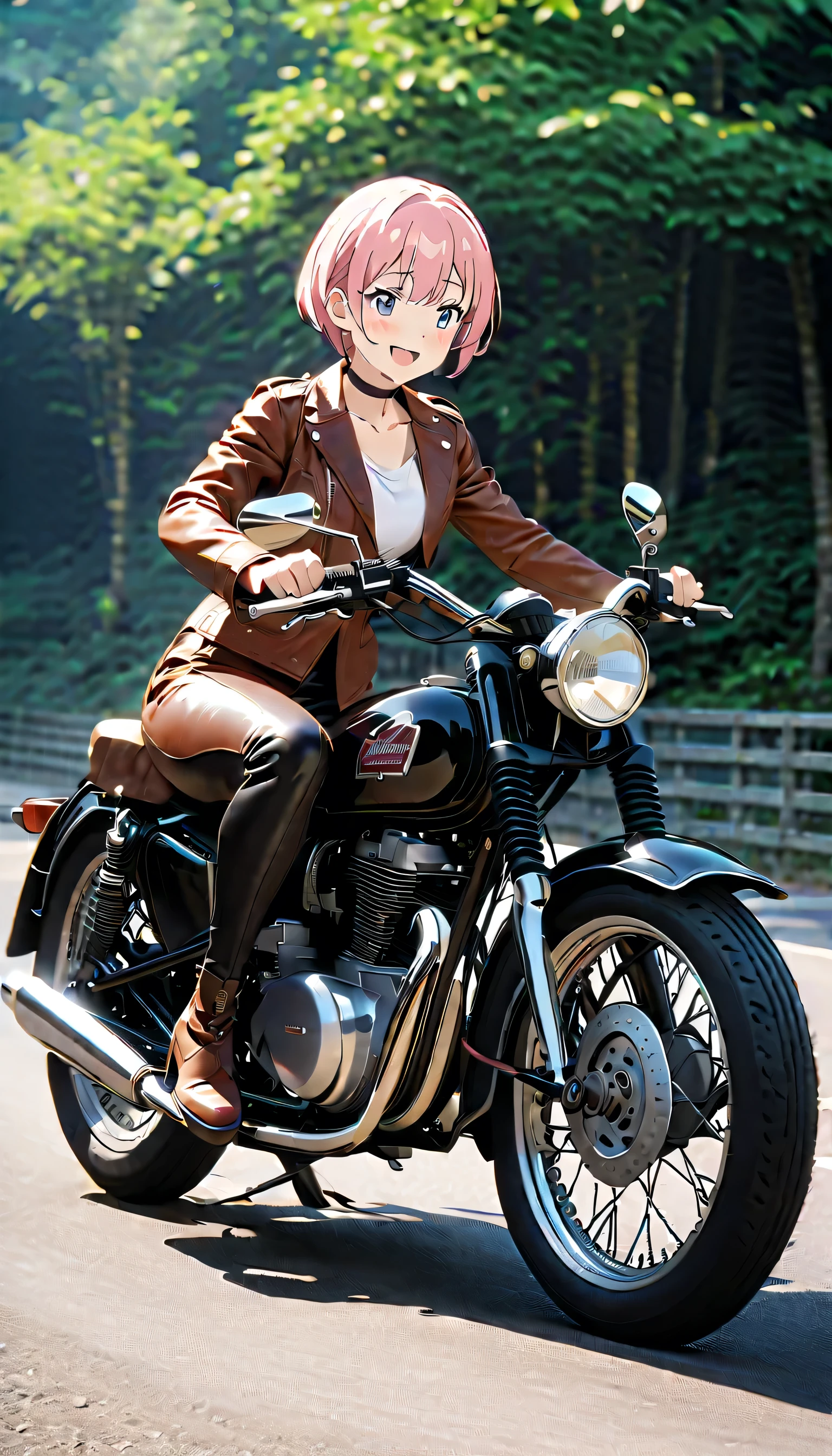 (Highest quality, 4K, 8k, High resolution, masterpiece:1.2), Very detailed, Picturesque, Anime-style photos, Photo animation:1.37)、Japanese、(Pink Hair)、(Pixie Cut)、smile、Black choker、leather jacket、Leather pants、Riding a vintage motorcycle、whole body、Nakano Ichika