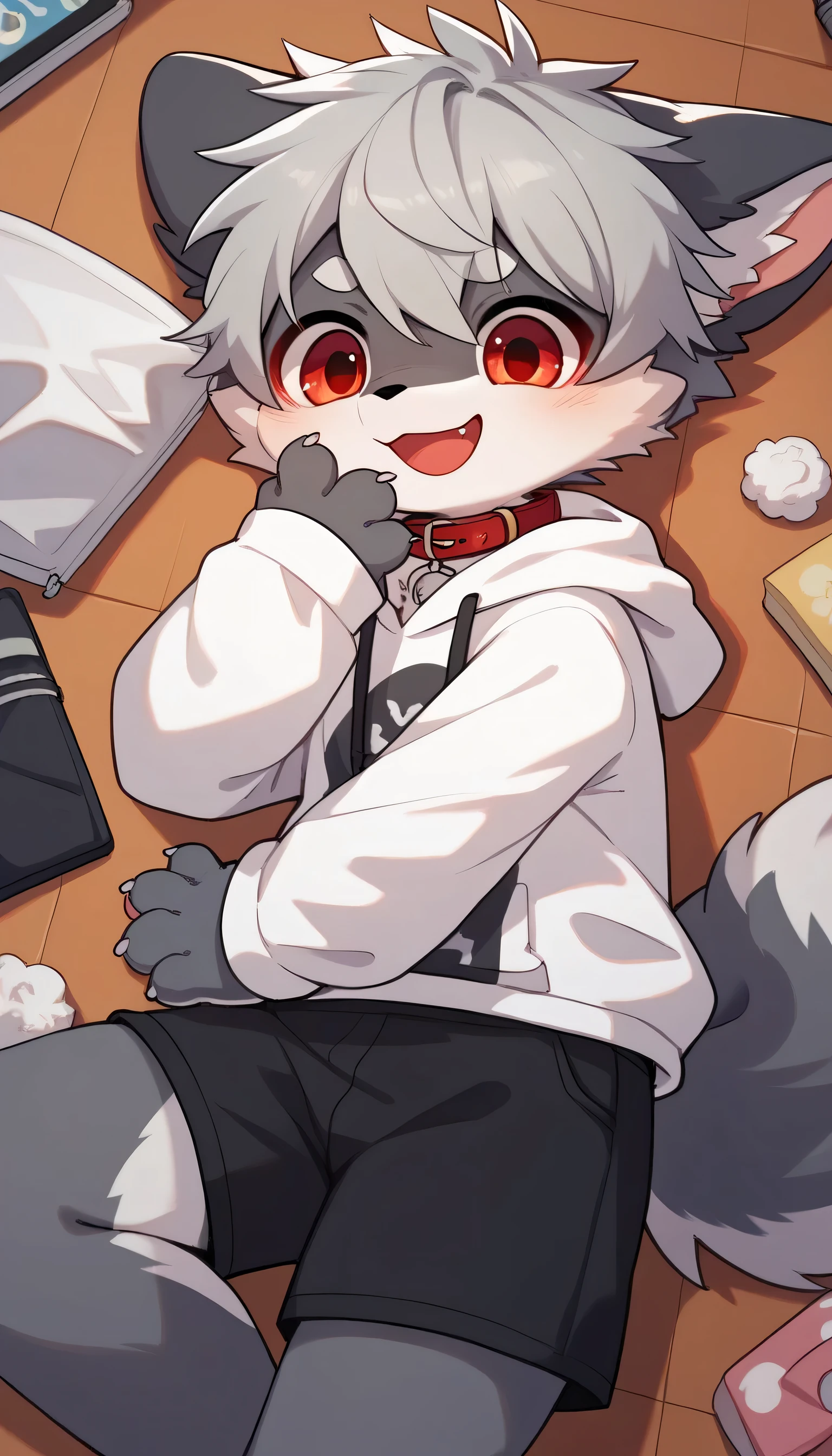   very detailed having fun in great detail,gray hair and gray fur , gray wolf , shemono,Grey Hair,,Participation, red collar on the floor,  cute face,  fluffy fur ,The three cute furries dance ！Horny boy , white background,  Embarrassed Face ,wide smile,happy smile cute grey fur fur, estrus, droopy ears, alone, black shorts  ,  sweatshirt , Long Sleeve ,trend,