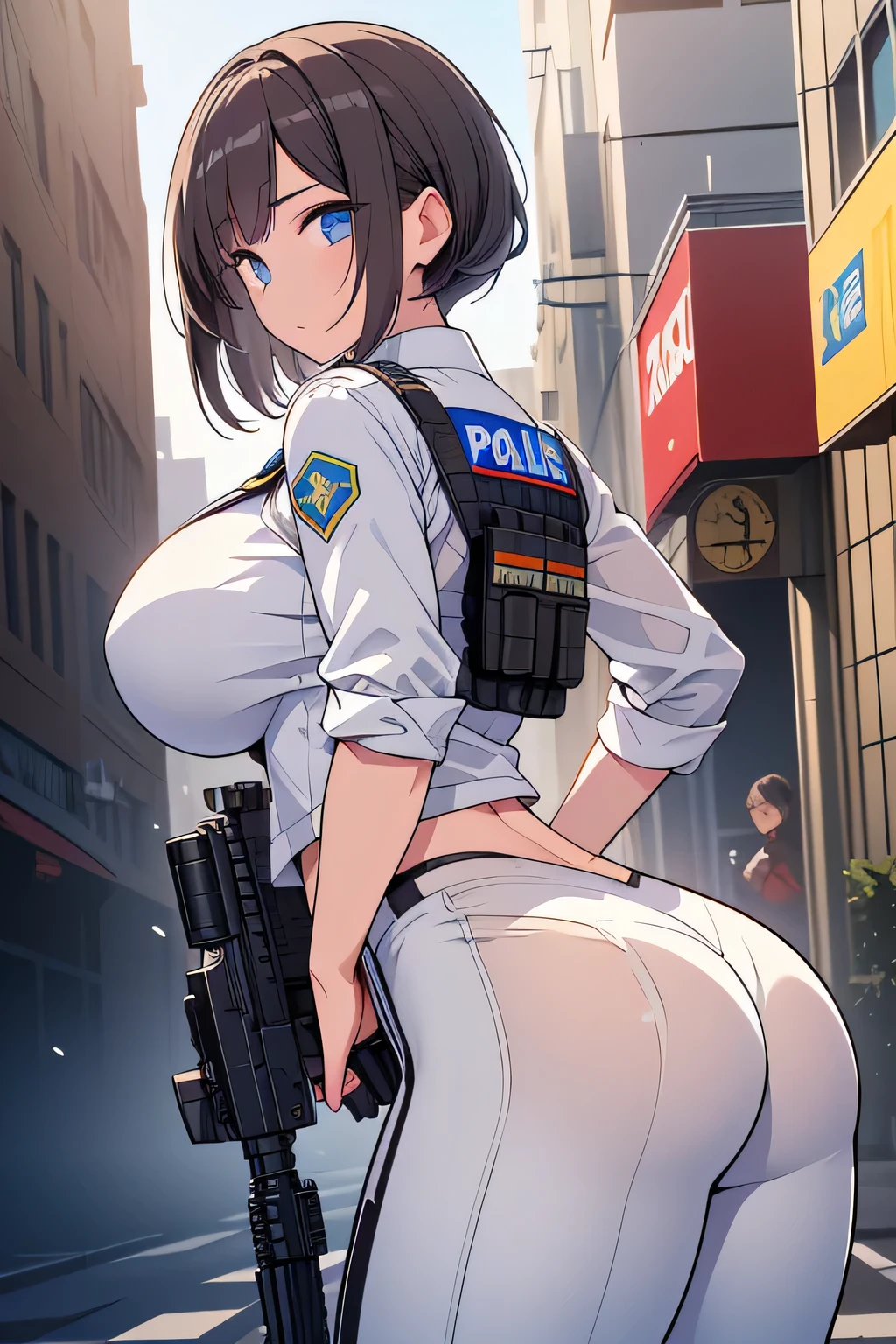 ((Best Quality, 8K, nsfw: 1.1)), sharp: 1.2, Perfect Body Beauty: 1.4, Slim abs: 1.2, ((Layered hairstyle, Big breasts: 1.2)), (Wet white button long shirt: 1.1), (Bulletproof police car, Street: 1.2), Wet: 1.5, Highly detailed face and skin texture, Detailed eyes, Double eyelids, side face looking at the camera, White Police Uniform, tall figure, Army Badge, bulletproof vest, intercom, Pistol aimed at camera Female soldier, Fully armed, Tight trousers in white leather, Special Forces, agent、((posterior view、Beautiful butt、Standing on long legs、right behind、control、patrol)), nude:1.1, see through cloth:1.9, nsfw,