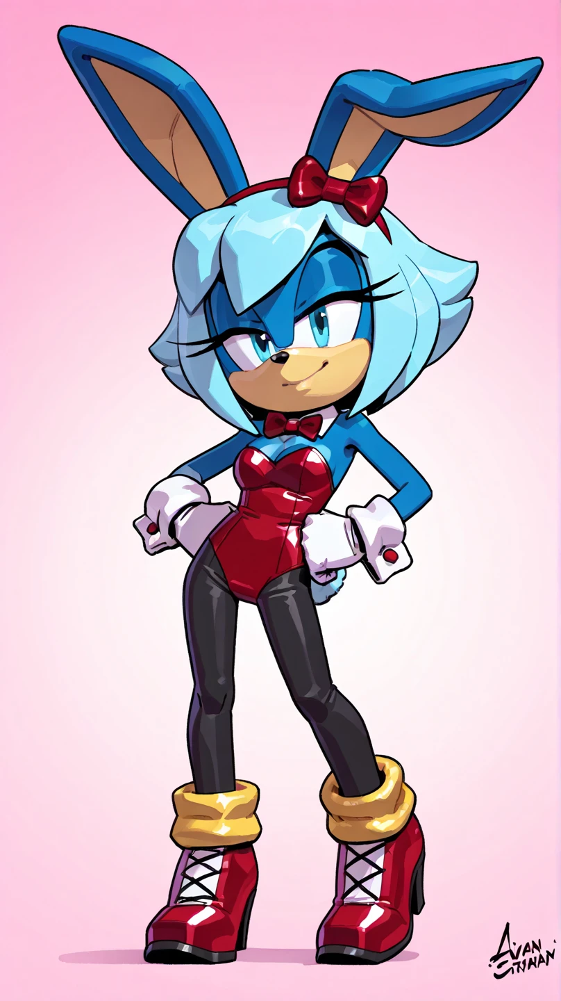 A solo male twink anthro android, robot ((hedgehog)), with bright cyan fur, glowing blue eyes, white muzzle, wearing a sci-fi bodysuit stands in a futuristic landscape. The android's bodysuit has (((light blue, and white coloring))), medium bulge and intricate (((mechanical details))), creating a futuristic look. the android robot has a seductive smirk on his face
