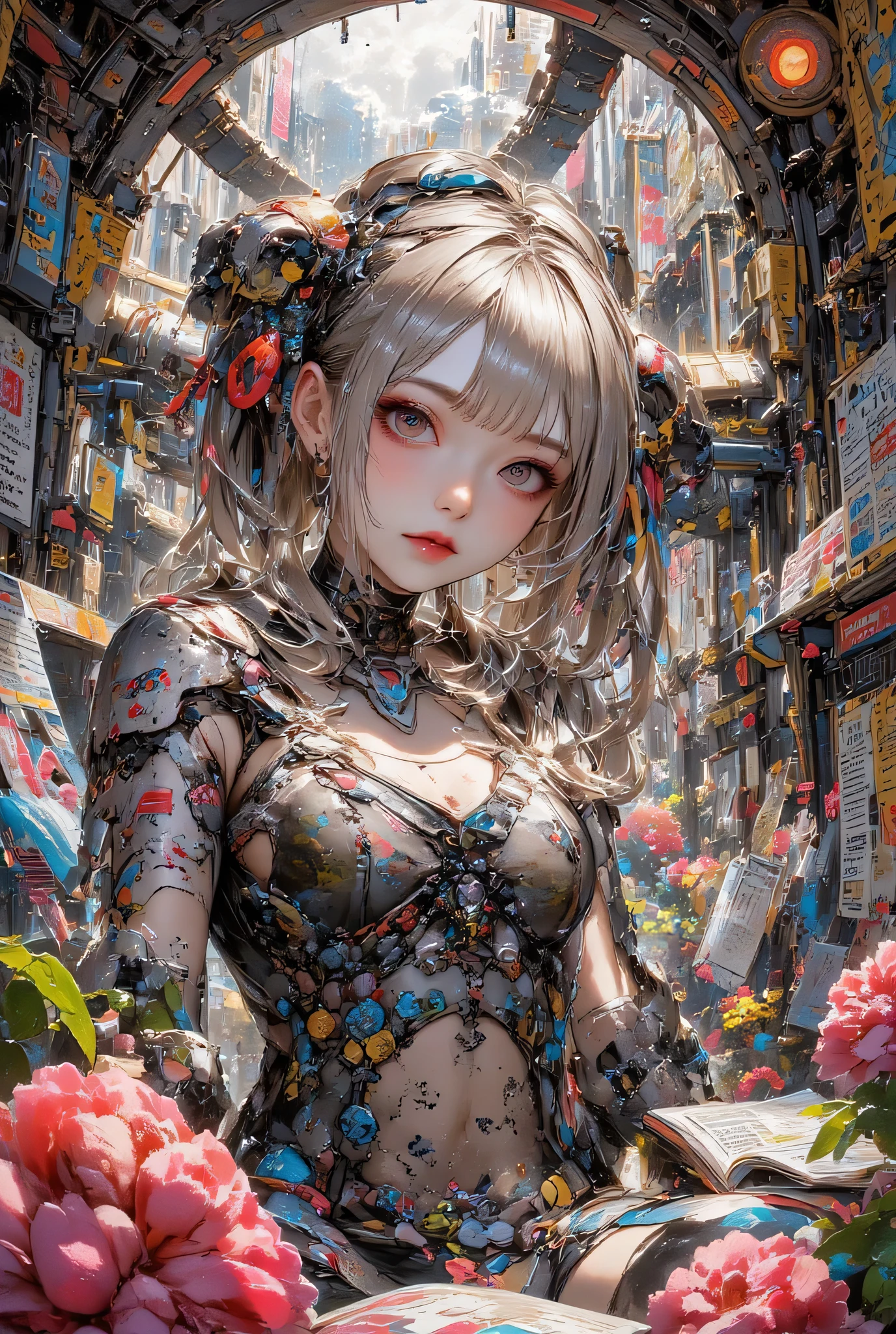 A woman dressed in body armor , cyberpunk、 in a spaceship、 gray hair,  surreal collage   ,  Contemporary artistic collage of a woman reading a book gracefully sitting in a chair ,  collage art work,  ,   New Album Jacket  ,   great job !!   digital collage   ,  collage art ,    Contemporary Collage   ,  mixed media collage   ,    Hi-Res ,    Las Vegas Surreal Style   ,Asymmetric,   Visualization of the Inner World of a Mad Spirit   ,  every little detail   ,   Hidden Details   ,  Radical Japanese Anime    ,Resonance of Ripples  ,   Surrounded by Colourful Peony Flowers ,  Futuristic Japanese Decor   