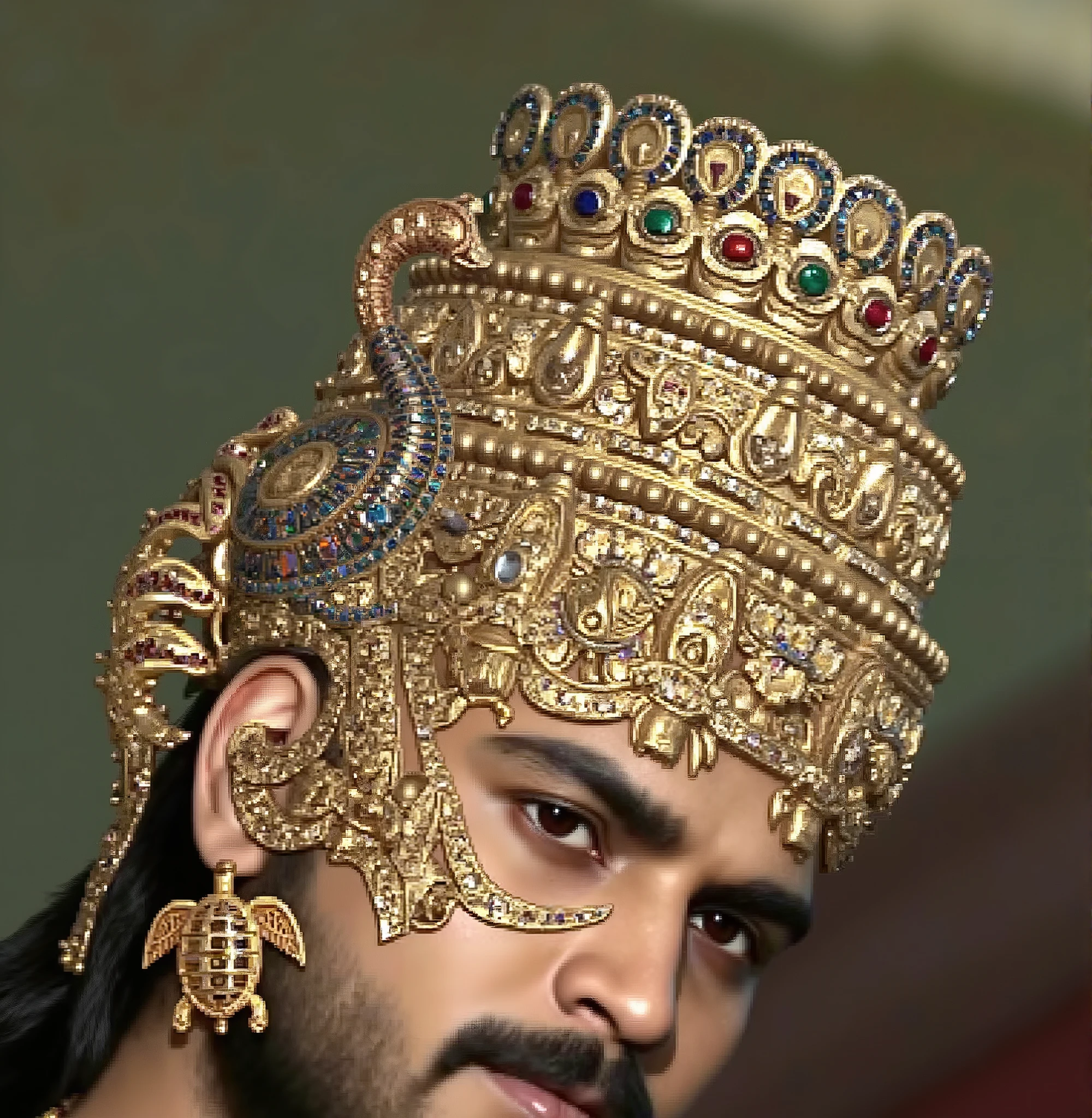 A majestic South Indian warrior-king adorned with an opulent golden crown, designed like a towering temple gopuram. The crown features intricate layers of gold filigree, adorned with detailed carvings of mythical creatures, divine motifs, and sacred symbols. The structure is encrusted with sparkling gemstones—diamonds, emeralds, and rubies—gleaming under a soft, divine glow. A striking, peacock-shaped ear ornament extends from the side of the crown, encrusted with multicolored gemstones and detailed beadwork, symbolizing regal grandeur. His ear is further adorned with a gold filigree extension featuring an ornate turtle-shaped earring, representing wisdom and immortality in ancient mythology. Flowing golden embellishments cascade down his side, enhancing his royal presence. His intense gaze, shadowed by his regal expression, conveys power, wisdom, and an enigmatic aura of authority. His strong, masculine features, framed by long, flowing dark hair, create a dramatic contrast against the brilliance of his golden adornments. The softly blurred background in muted earthy tones enhances the focus on his divine appearance, evoking the atmosphere of an ancient Indian epic painting. Rendered in a hyper-realistic style with influences from Indian miniature art and cinematic grandeur, the composition captures the elegance, mythology, and artistic intricacy of a celestial warrior-king.
