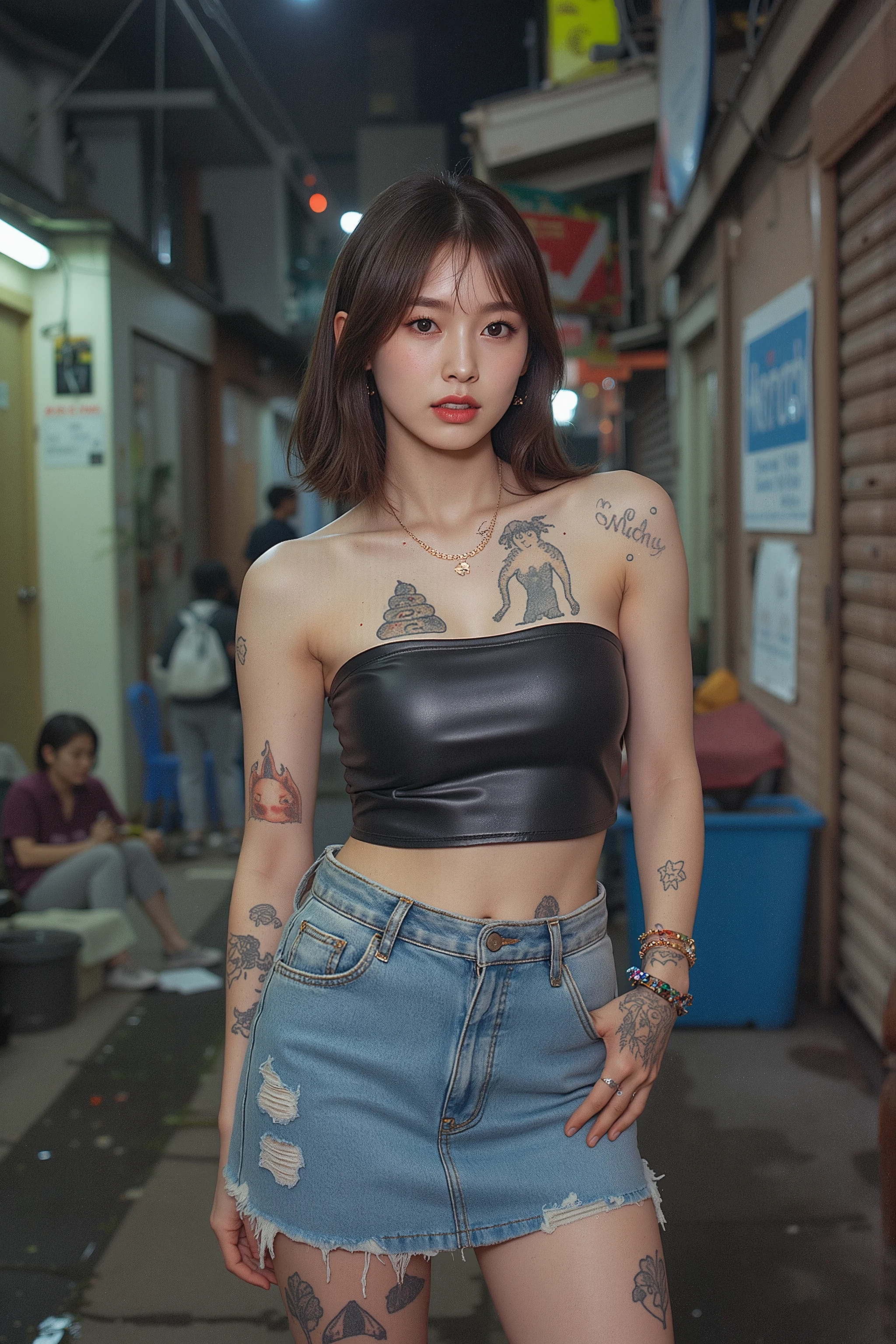 NSFW,
Film camera depiction,
Taken with a high-dispersion high-end lens,
Wide-angle lens,
Full-body shot,
at night,
A beautiful Korean girl is attracting customers at in the slums,
Her face has large burn scars,
((The burn scars have become ugly keloid scars)),
She was a member of a Korean idol group but retired due to her burns,
Before she ended up in this slum, she was used by bad people and had scars all over her body,
She has many tattoos,
One of them is a picture of poop,
Another has the words "Sluty Arin" carved into it,
In the slums, she became very dirty,
She has lots of bumps and pimples on her skin,
She wears tube top and short skirt that look like rags,
She smells like filth,
She is high on drugs,
She does not refuse any sexual acts,
She will even have sex with a dog,
hovels and two- or three-storey rundown apartments built close together,
very narrow alleys where it's difficult for people to pass each other,
used condom,
she is second hands,