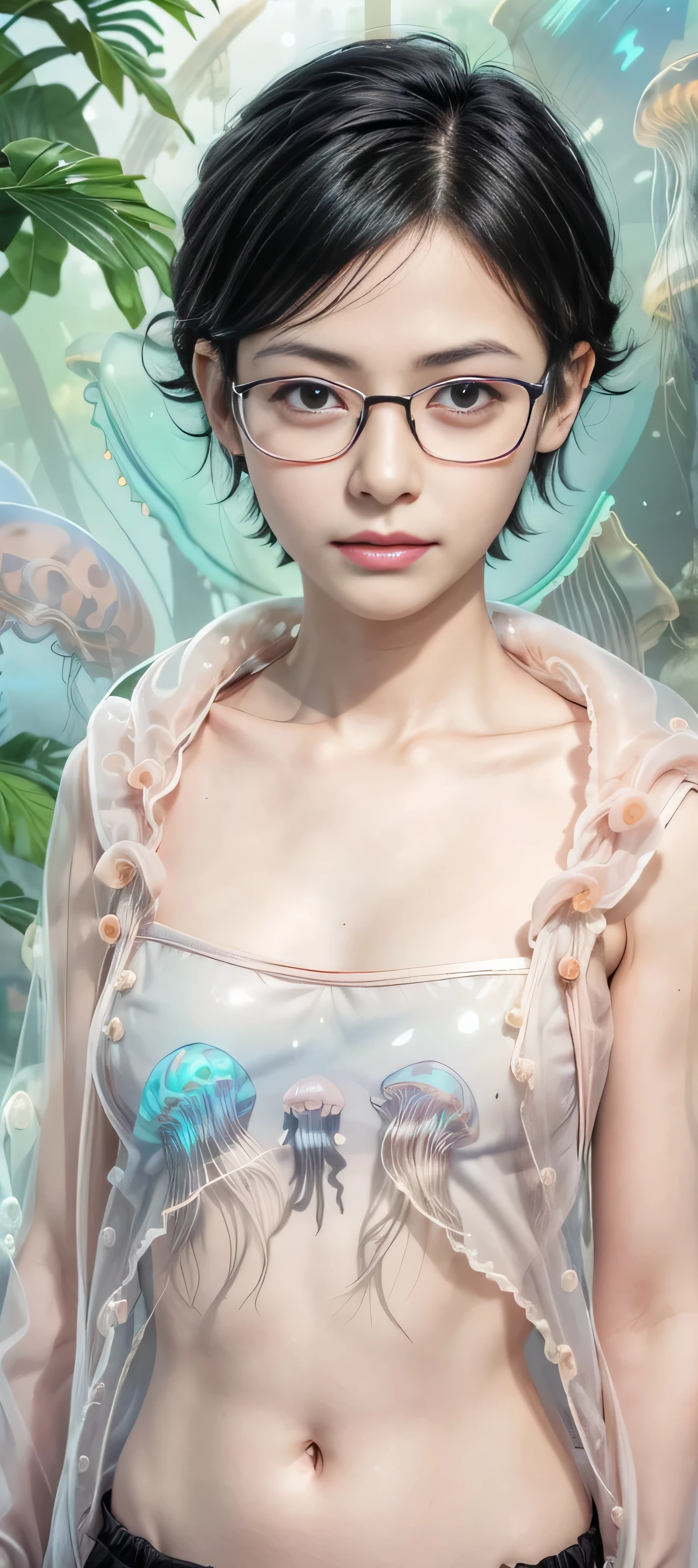 masterpiece, best quality, (realistic,photo-realistic:1.4), (RAW photo:1.2), extremely detailed CG unity 8k wallpaper, delicate and beautiful, amazing,finely detail, official art, absurdres, incredibly absurdres, huge filesize, ultra-detailed,extremely detailed eyes and face,light on face,sarada,(smirk:1.4),(black hair:1.4),(short hair:1.4),nature,sarada uchiha,(wearing black framed glasses:1.5),(wearing jellyfish outfit:1.5),deep jungle background,bra