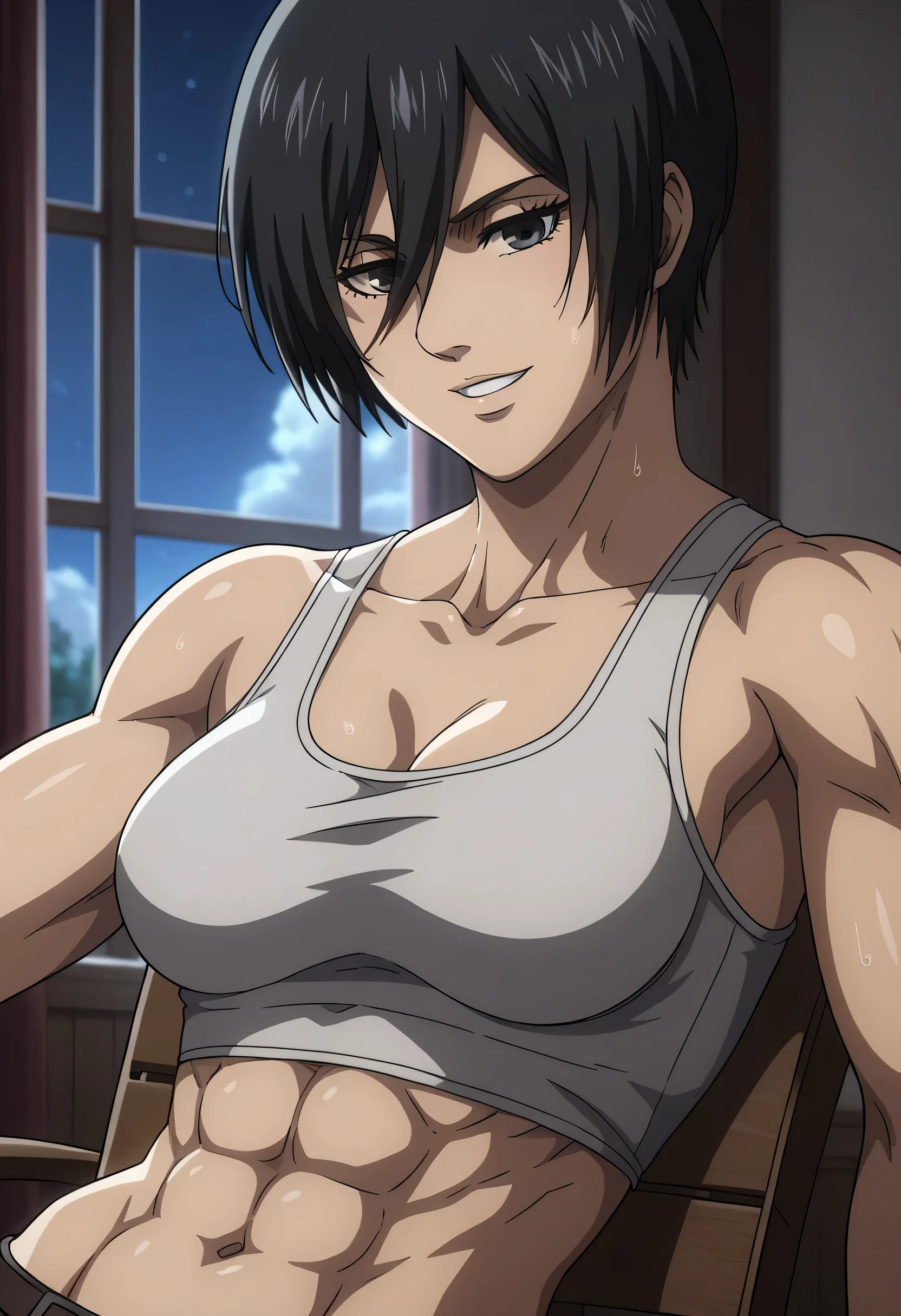 score_9, score_8_up, score_7_up, BREAK source_anime, mikasa ackrman, grey eyes, black hair, short hair, medium breasts,Mikasa wreanig black tight sport  Elastic  fiber  bra and black loose military trousers,mikasa with good looking body,perfect lighting,mikasa final season design,mikasa mappa version,sitting on  chair, Perfect generation,mikasa boy hairstyle,mikasa season 4 version,attack on titan graphics,in night,HD wallpaper,perfect colors,pixie cut hairstyle,fighting face,,Sweat body,mikasa flat stomach,mikasa only six-pack,normal body size,anime style,tone six-pack,attack on titan season 4 style,upper body,close review to character,bra design  as tank top, mikasa handsome face,in bedroom,light trun off in room,mikasa alone in room,solo,1girl, serratus anterior muscles,Qblique muscles,female navel,teeth appear at smile,too white skin,fixing graphics,mikasa laying her head in own upper shoulder 