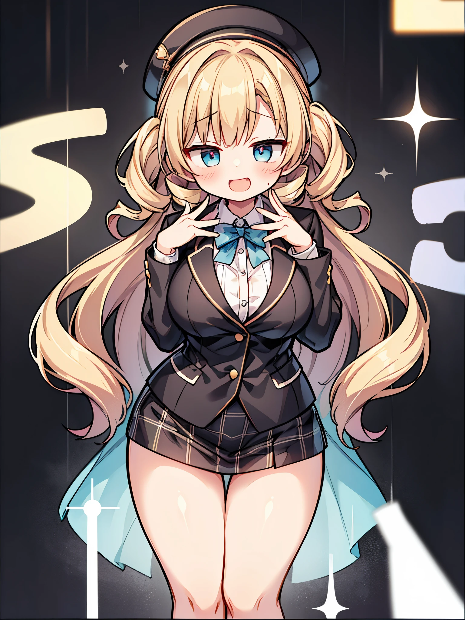 medium hair、Blonde Drill、冷酷なYoung lady、 sharp eyes, For sale、 blazer,Young lady、 Extremely Large Breasts,Thick legs、 Laughing Ohoho Pose、 look down on others 、cowboy shot