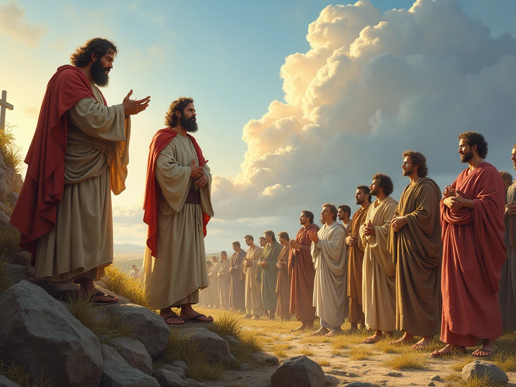 "Create an image that represents the biblical scene from Job 2:12, where Job&#39;s three friends, Eliphaz, Formed by Zofar, they see him from a distance and can barely recognize him because of his deplorable state. Show friends standing at a certain distance, with expressions of shock, sadness and disbelief when they realized the gravity of Job&#39;s suffering. They are dressed in simple robes, ready to tear their clothes in mourning. No fundo, Job is sitting on the floor, covered in wounds and sores, almost unrecognizable. The surrounding scenery is desolate, with a dark sky and heavy clouds, reflecting the gravity of the situation. The image should capture the moment of recognition of Job&#39;s deep suffering and the pain shared by his friends.."

