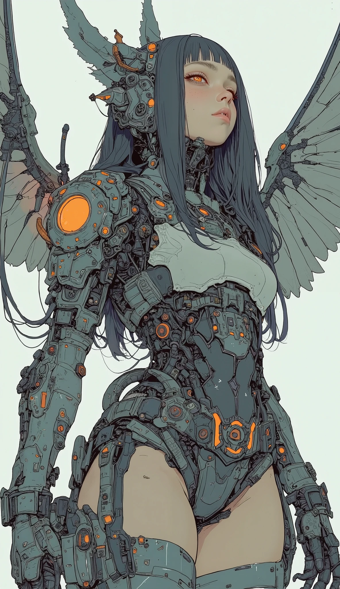 model woman with big wings 、Close-up view of a , mechanical valkyrie girl, Female Mecha, Mecha Cyber Armored Girl , Aoshima Chiho Color Scheme , Armor with Angle Wings , Sharp details, ACTION FIGURE MECHA , by Maciej Kuciara , there is a house made of sushi rolls and noodles {x} incredibly sharp detail , Jamming Mech, mechanical valkyrie