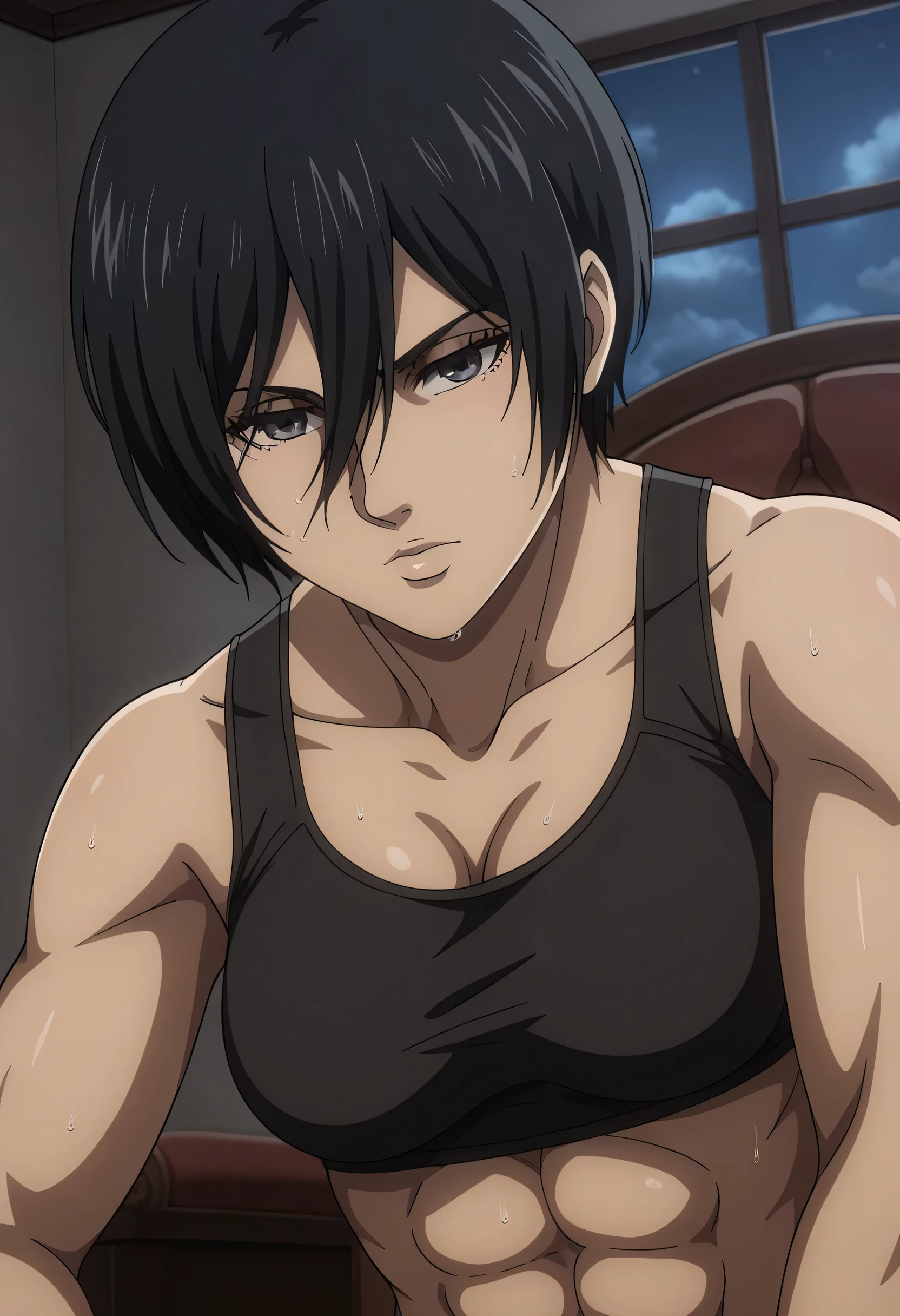 score_9, score_8_up, score_7_up, BREAK source_anime, mikasa ackrman, grey eyes, black hair, short hair, medium breasts,Mikasa wreanig black tight sport Elastic fiber bra and black loose military trousers,mikasa with good looking body,perfect lighting,mikasa final season design,mikasa mappa version,sitting on chair, Perfect generation,mikasa boy hairstyle,mikasa season 4 version,attack on titan graphics,in night,HD wallpaper,perfect colors,pixie cut hairstyle,fighting face,,wet body,mikasa flat stomach,mikasa only six-pack,normal body size,anime style,tone six-pack,attack on titan season 4 style,upper body,close review to character,bra design as tank top, mikasa handsome face,in bedroom,light trun off in room