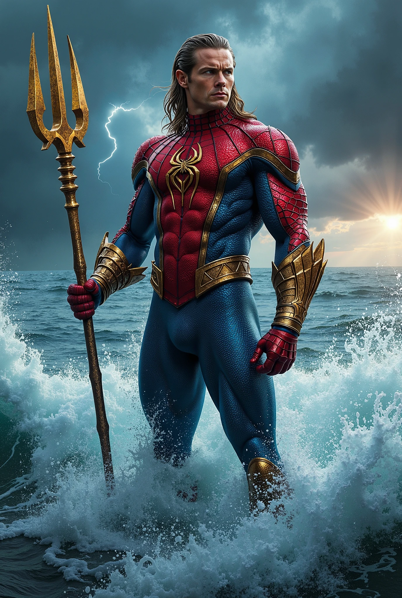intricate details, chris hemsworth, such as aquaman, classic clothing, featured face, a high sea landscape, perfect features, dramatic, cinematic lighting, highlight lighting, SSAA, smooth rendering, no noise testing, social realism, realism, ray tracing, reflection light, high quality, high details, super detail, 8k, 16k, best quality