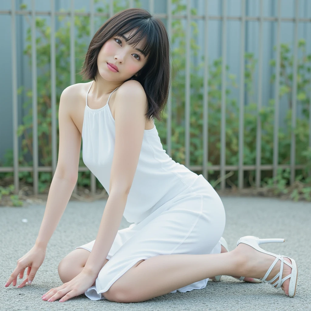 There is a woman with short hair wearing a white tank top., Short Hair, Chiho, Yoshitomo Nara, 8k , Hime cut, Ayaka, With a cute - lovely - face, 白Hime cutヘアスタイル, Girl cute beautiful face, Dilraba Dilmurat, Young and pretty Asian face, full body, own hugging feet