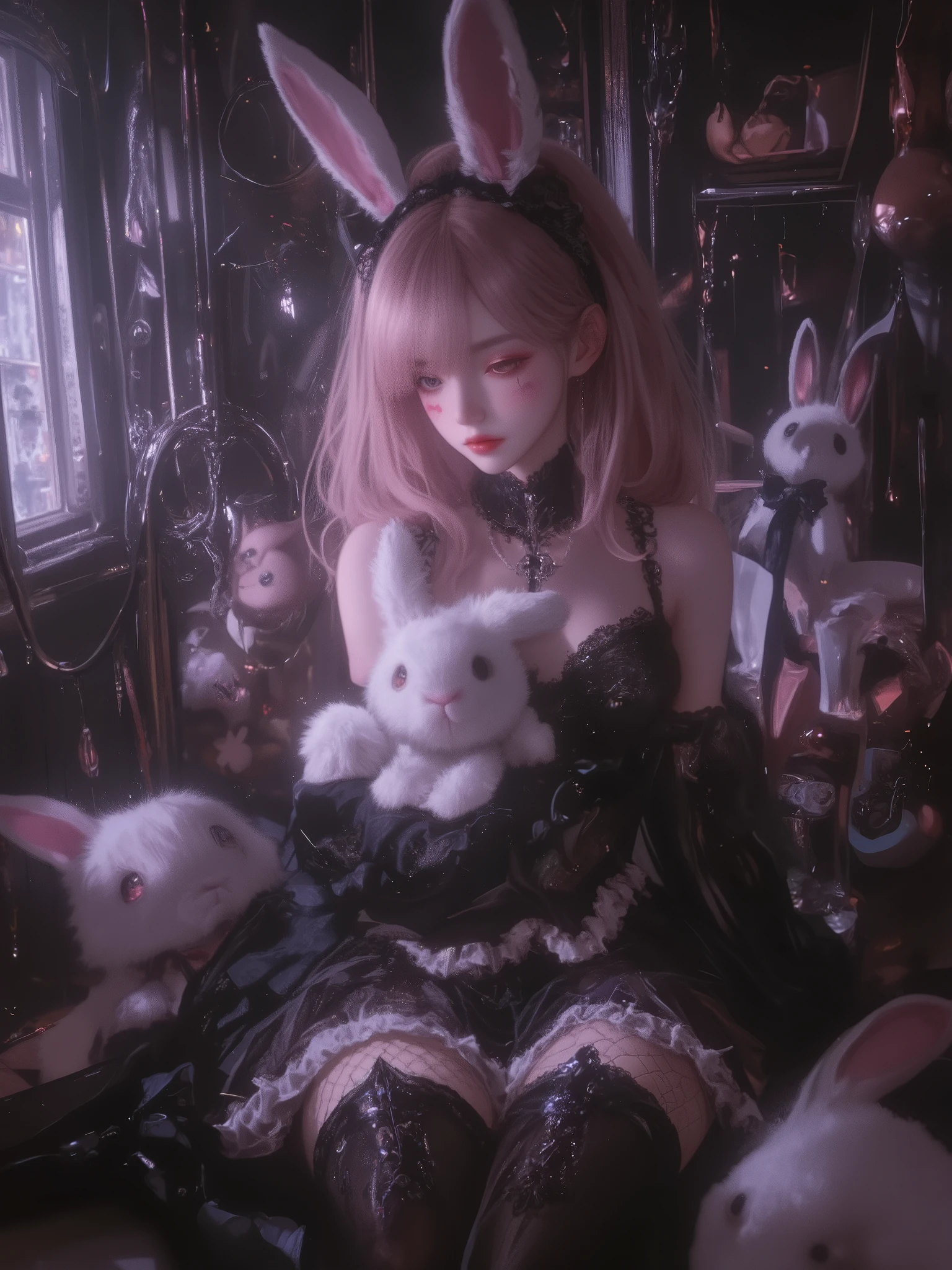 1girl,solo, Close up In a soft gothic themed room, with several stuffed animals. A girl sits on her knees hugging a white stuffed rabbit. The stuffed rabbit is white with a black bow on its ears. The girl wears a black dress (ta style), black corset with bows, lace necklace, skirt with light pink ruffles, black and pink lace headband (loli white furry ears on her head, long sleeveless sleeves, black sleeves, black fishnet stockings, black boots with light pink laces. The girl has an ethereal and delicate beauty, with straight light pink hair, pink eyes, shimmering pink eyeshadow on her eyelids, a heart tattoo on her cheek, full pink lips,, lolita t,
(artist:quasarcake:0.8),extreme aesthetic, lolita aesth, (wlop:0.6),honjou honjou raita,lack,rella,wanke,raita,masterpiece,best quality,good quality, very aesthetic,absurdres,Visual impact,A shot with tension,Dynamic angle,High Angle,ultra-high resolution,32K UHD,sharp focus,best-quality,masterpiece,Emotionalization,unconventional supreme masterpiece,masterful details,temperate atmosphere,with a high-end texture,in the style of fashion photography, lolita style (Vi impact:1.2),giving the poster a dynamic and visually striking appearance,impactful picture,
offcial art,colorful,movie perspective,masterpiece,best quality,amazing quality,very aesthetic,absurdres,best quality,newest,dynamic_angle,cinematic_angle,dutch angle,foreshortening