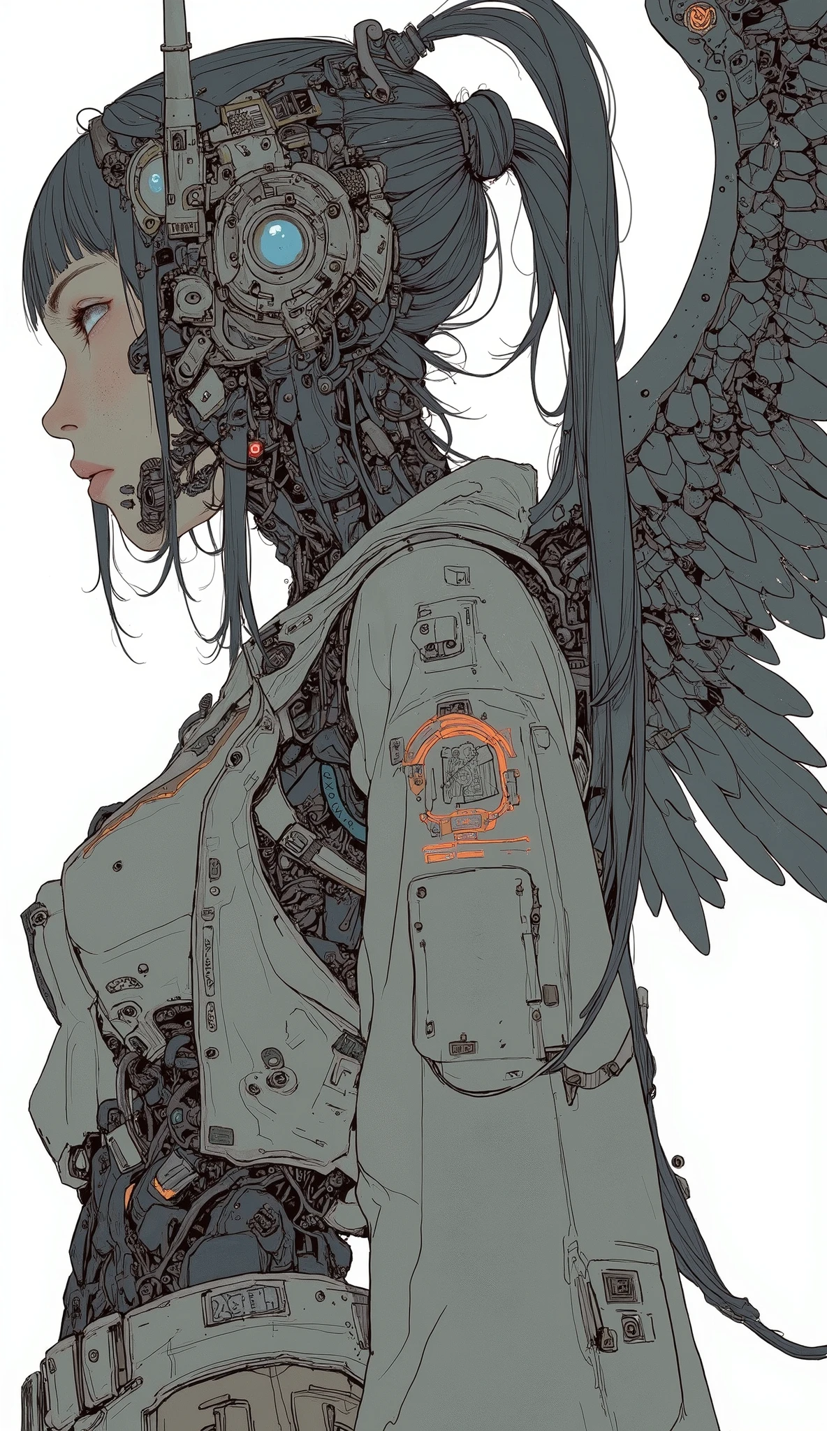 from side、 model woman with big wings 、Close-up view of a ,  mechanical valkyrie  girl, Female Mecha, Mecha Cyber Armored Girl ,  Aoshima Chiho Color Scheme  ,  Armor with Angle Wings  , Sharp details,  ACTION FIGURE MECHA ,  by Maciej Kuciara ,  there is a house made of sushi rolls and noodles {x} incredibly sharp detail , Jamming Mech,  mechanical valkyrie 