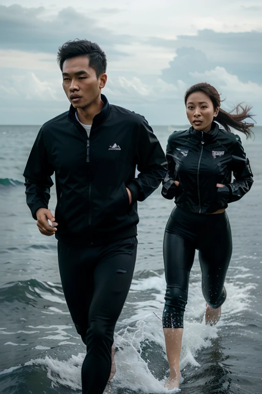 Two persons running in a beach