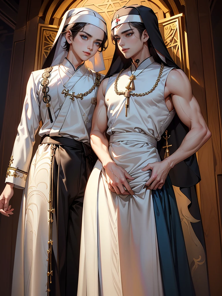 best quality, master piece, full body shot, highly detailed painting by alphonse mucha, ((((Two young men, 19 years old)))), athletic, attractive expression, earrings, fantasy,  dramatic pose, whole body,  concept art, Masterpiece, Oil paints, aesthetically pleasing, beautiful, high art, painting in the style of Alfonso Mucha, Art Nouveau, (((ancient Greek myths)), ((Two young men, 19 years old In short transparent white tunics)) athletic, athletically built, thin waist, prominent muscles, large, Volumetric elastic buttocks