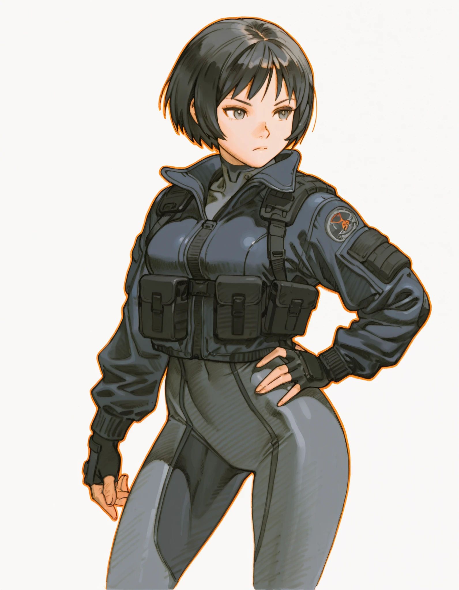 Bengmvc, traditional media, masterpiece,best quality, 1girl, short hair, black hair, grey eyes, (white background, simple background:1.3), orange outline, skin tight, grey and black body suit, cowboy shot, dark blue short jacket, long sleeves, collared jacket, standing, tactical jacket, fingerless gloves, hand on hip, jacket over body suit,