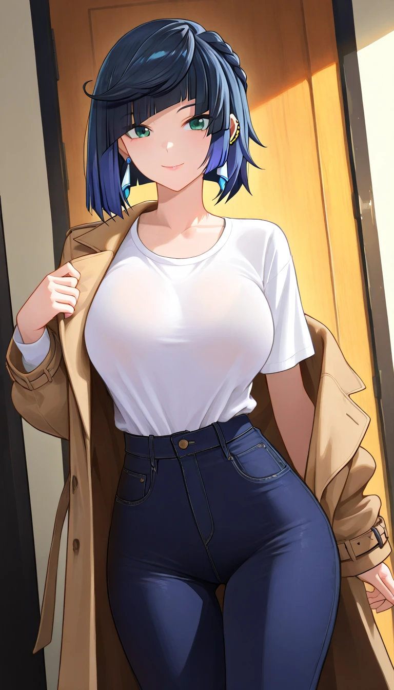 beautiful Japanese woman with sensual red eyes, standing, thin waist, medium thighs, large firm breasts, black shirt with low neckline, tight blue shorts