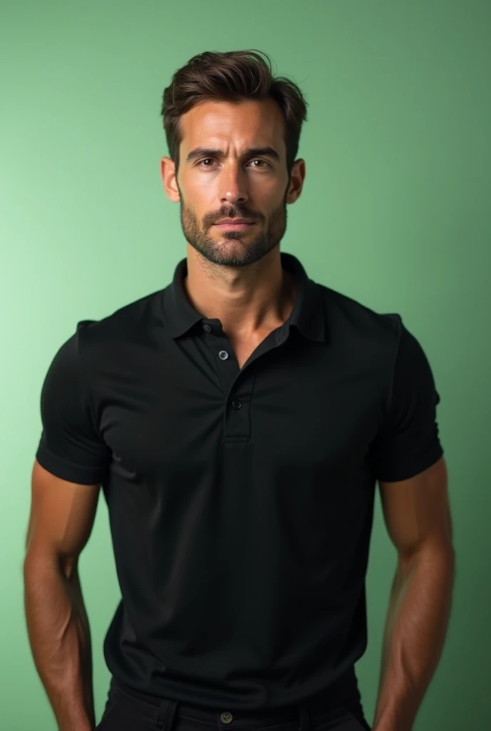 Handsome, tall, good looking man, looking at camera, wearing black polo shirt, he is narrator, light green background behind