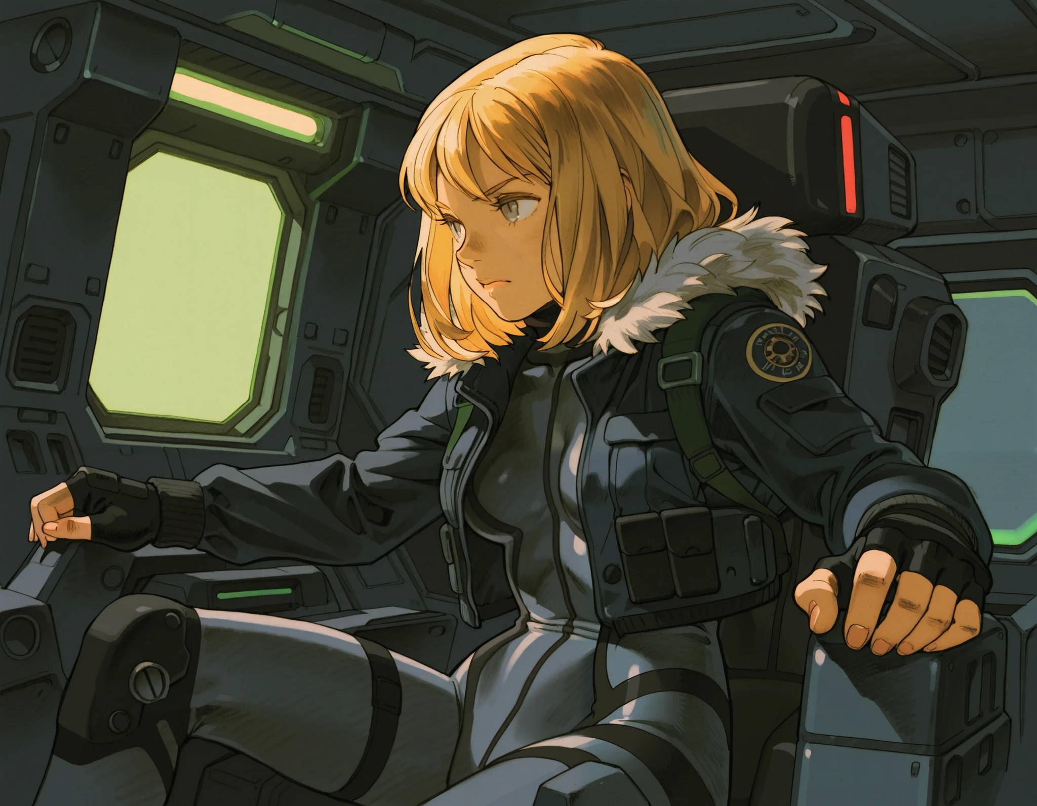 Bengmvc, traditional media, masterpiece,best quality, 1girl, medium hair, blonde hair, grey eyes, dark, dark blue theme, red lights, green lights, skin tight, grey and black body suit, cowboy shot, dark blue short jacket, long sleeves, fingerless gloves, tactical jacket,jacket over body suit, sitting, cockpit, piloting, mech cockpit, gundamwingcockpit, sitting, fur lining, fur collar,