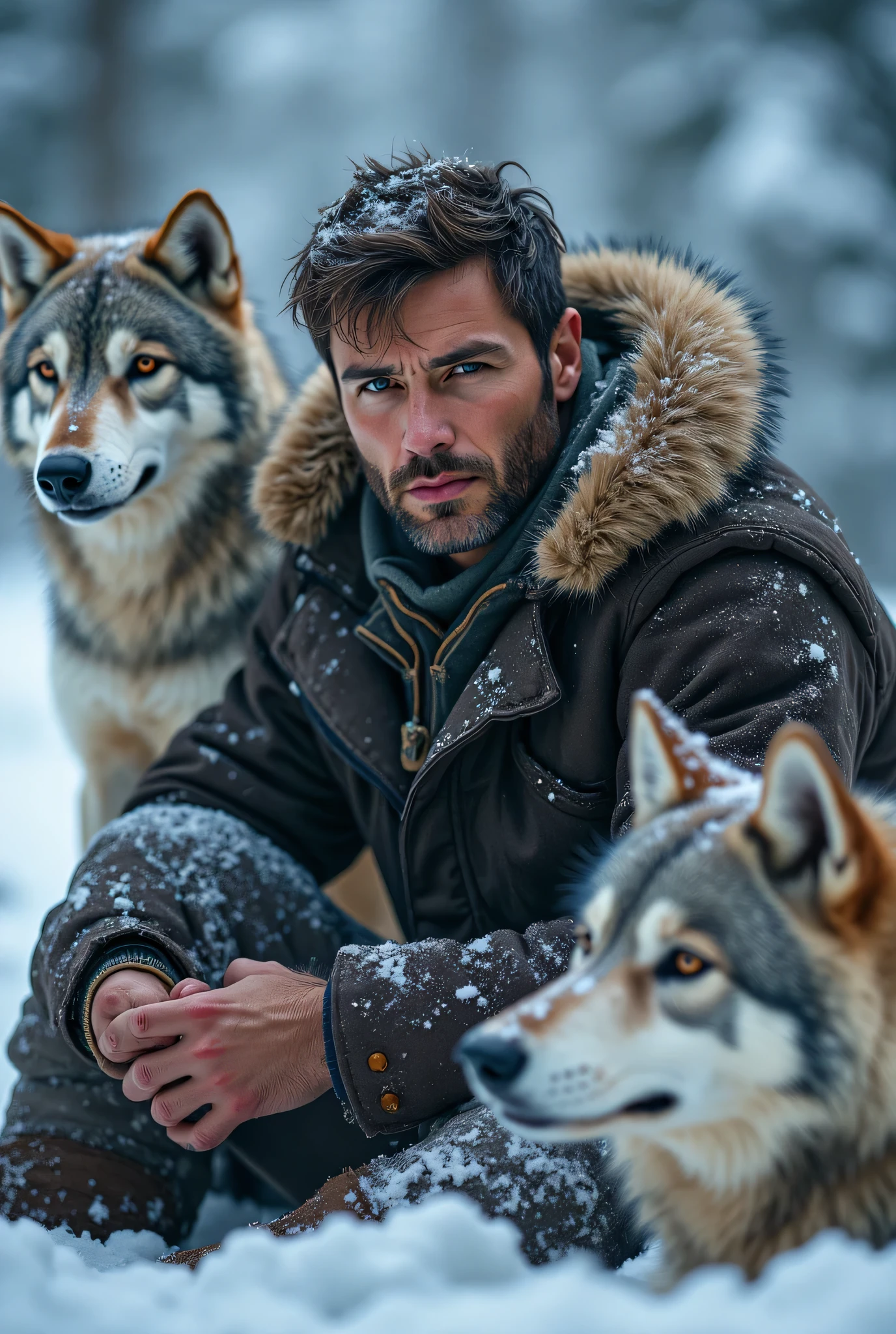 1 man, siberian, 30 year old, handsome face, gorgeous, siting in the snow with wolfs , perfect eyes , very detailed eyes, handsome and expressive, detailed eyes , 35mm photography, Movie, professional, 16k, Highly detailed dynamic lighting, photorealistic, raw, masterpiece, uhd