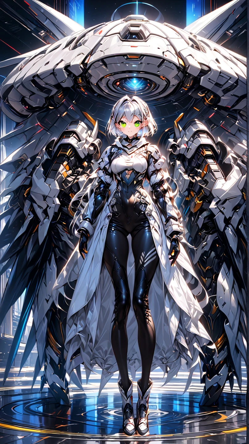 highres, highest quallity, 1girl, adult, solo_focus, solo, (sexy, beautiful woman, perfect face, perfect eyes, perfect female body, kkw-h-bb)1.5, floating_hair, a levitating girl, mechanical parts, black_theme, dark aura, glowing_eyes, night, neon, cyberpunk, effects, headgear, rain, halo, looking at viewer, mechanical wings, big_wings, space, a levitating girl, white_cape, white_theme, white_coat, close_up