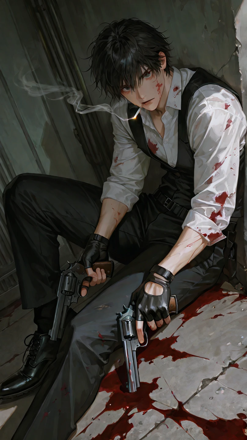 high school age men, handsome, lying, messy hair,1 man , male focus, handsome man, thickly painted, perfect Eyes ,semi-realistic art , semi-realistic art style, masterpiece, best quality, amazing quality, intricate detail, highly detailed, absurdres, mature, solo, blood,gun,holding,holding gun,holding weapon,revolver,smoking, torn clothes,black footwear,black gloves,blood on clothes,blood on face,blood stain,cigarette,fingerless gloves,looking at viewer,smoke,dynamic angle, sit
