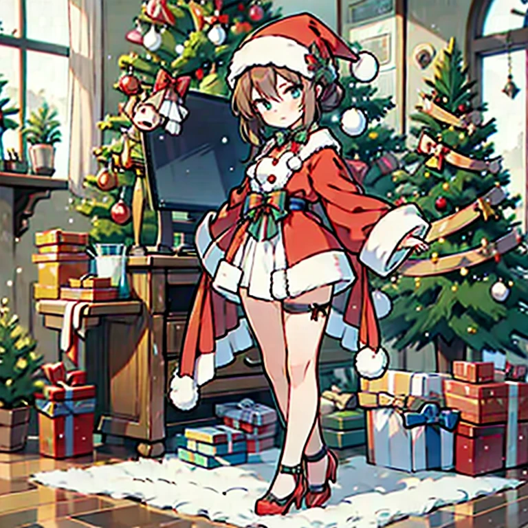 masterpiece, best quality, highres, ro1, hair bun, blue eyes, twintails, belt, black thighhighs, gloves, christmas, cleavage, red capelet, santa hat, dress, <lora:rosa_(pokemon)_v10:0.7>, standing, indoors,
