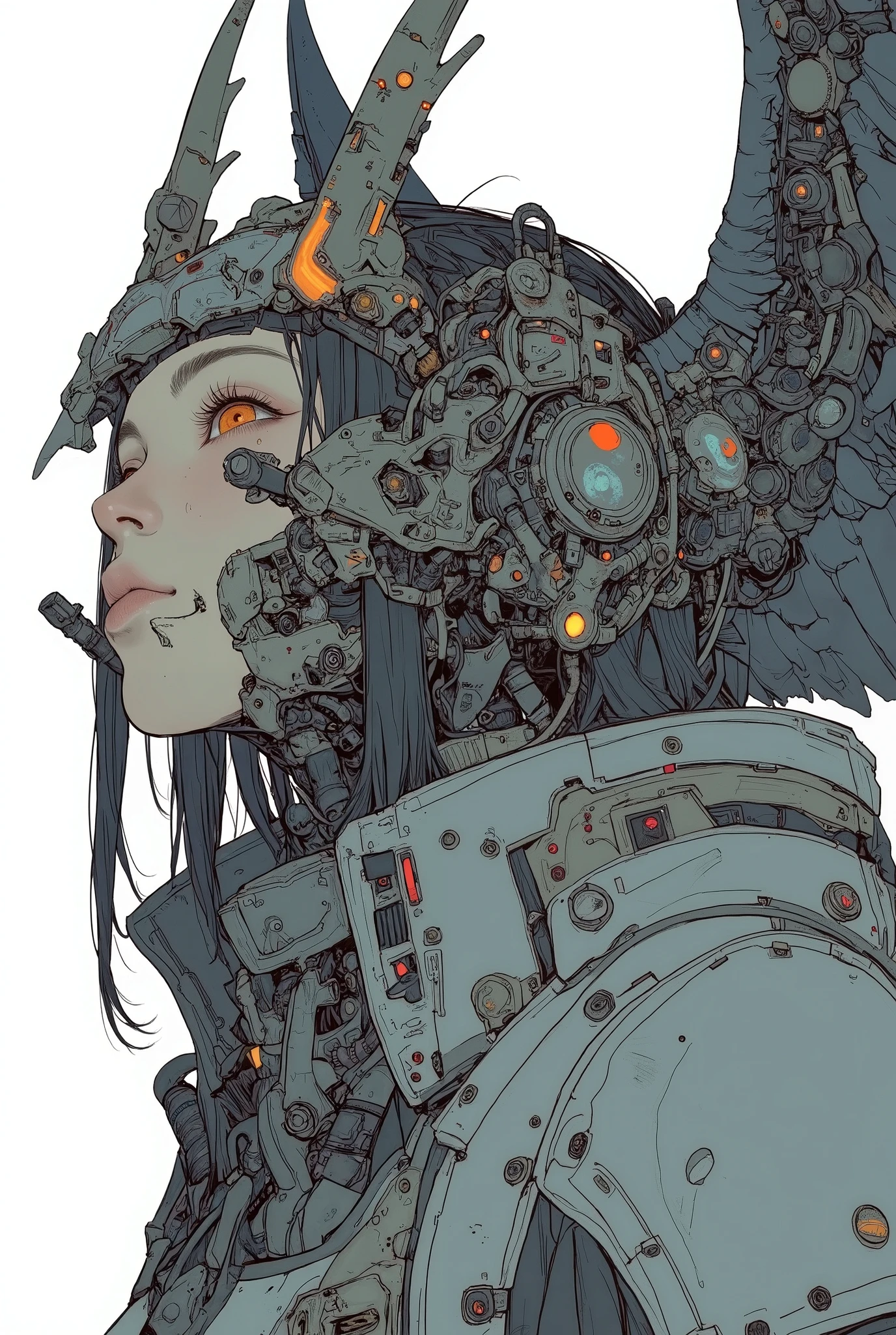 facing up、from side、 model woman with big wings 、Close-up view of a , mechanical valkyrie girl, Female Mecha, Mecha Cyber Armored Girl , Aoshima Chiho Color Scheme , Armor with Angle Wings , Sharp details, ACTION FIGURE MECHA , by Maciej Kuciara , there is a house made of sushi rolls and noodles {x} incredibly sharp detail , Jamming Mech, mechanical valkyrie