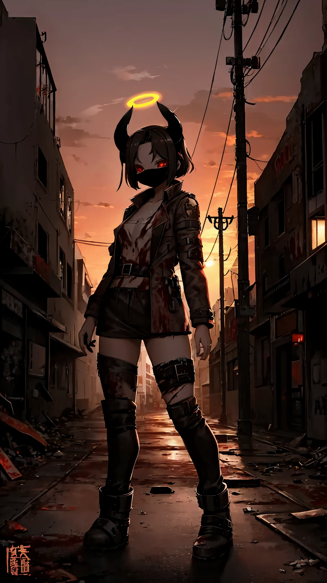 Doomsday style, City Street, ruined street atmosphere , background lighting outline light,Blood stains,Red pupil, black mask,Girl in tattered clothes ,horn,Halo,Non-human,bandage,Leather Boots,Sunset, two-dimensional style, girl,头顶Halo,coat,bottomwear,Waste soil style clothing,Coat