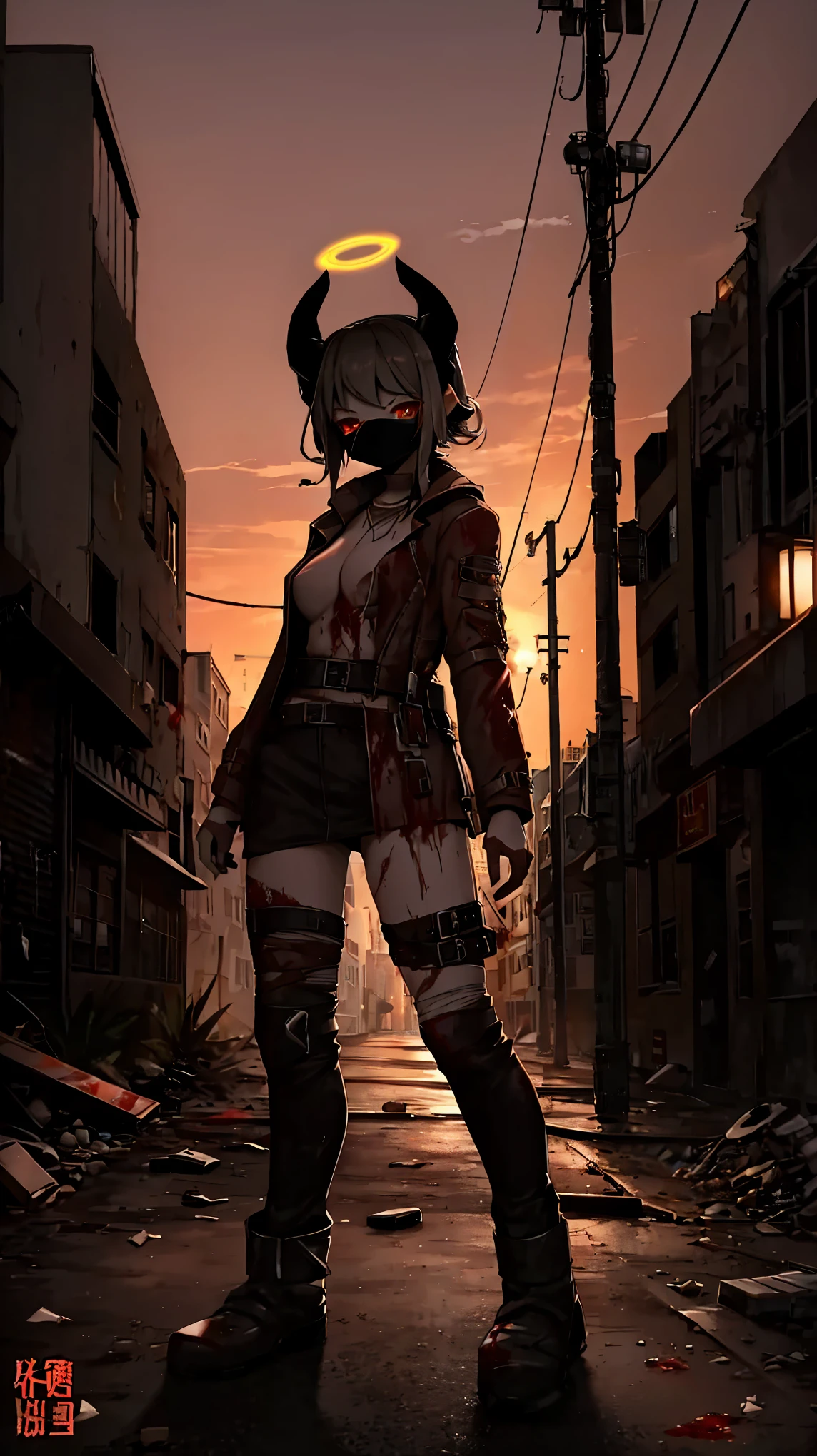 Doomsday style, City Street, ruined street atmosphere , background lighting outline light,Blood stains,Red pupil, black mask,Girl in tattered clothes ,horn,Halo,Non-human,bandage,Leather Boots,Sunset, two-dimensional style, girl,头顶Halo,coat,Underwear , wasteland style clothing,Coat