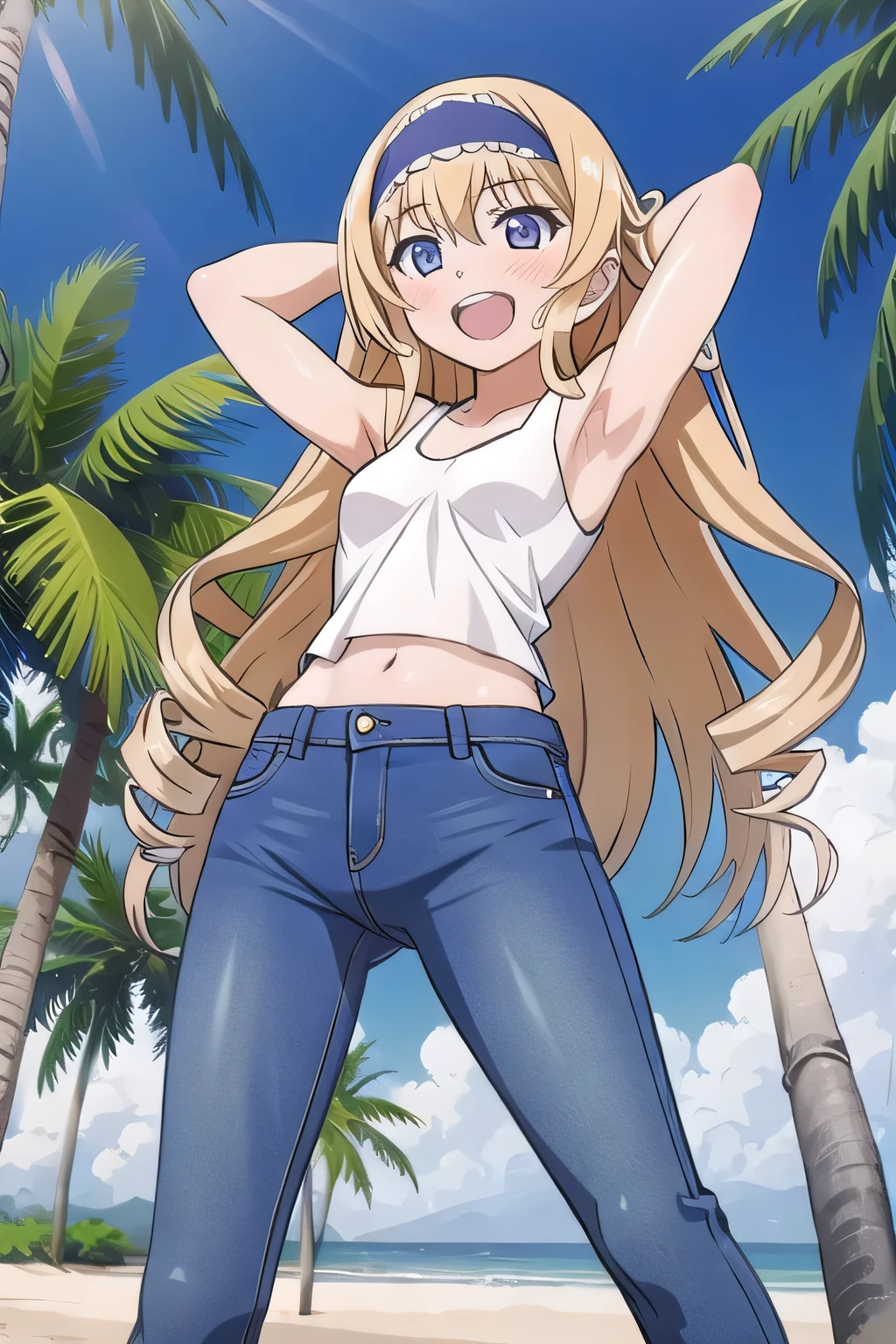 masterpiece,best quality,ultra detail, ((Perfect Face, Perfect Arms, Perfect hands, Perfect Fingers)), 1girl, , peti ((round face, ecstasy, orgasm face, drooping eyes, shame smiling, blush)), dropping eyes, sleepy, Open mouth, ((White teeth)), background((under the beach, (day:1.2), palm tree, bright sky)), cecilia alcott, long hair, blue eyes, blonde hair, hairband, drill hair, blue hairband, ((arms behind head, hands behind head, fingers behind head)), ((contrapposto)), spread armpits, looking at viewer,, (white tank top:1.2), (white crop top:1.2), (jeans pants:1.2, flares jeans:1.2, skinny jeans:1.2, blue jeans:1.2), standing, (legs spread:1.4), sex pose, Sweaty crotch, Steam from the crotch, from below, full medium body