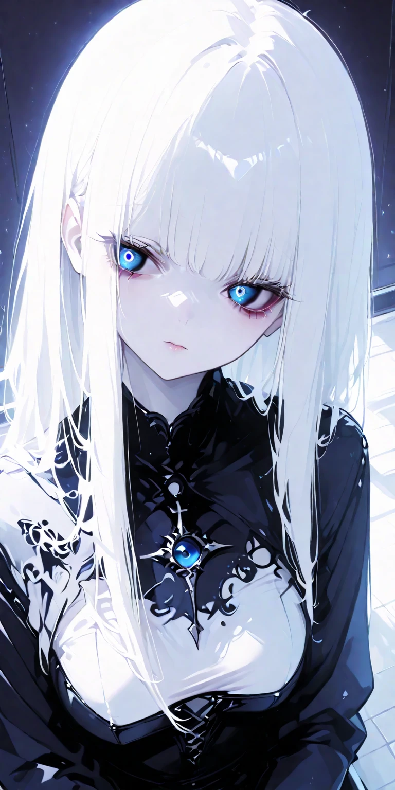 ((masterpiece)), Ultra-realistic, Portrait of a beautiful pale skinned vampire (Black enamel), Heavy makeup, Bright Blue Eyes, In a dark and gloomy environment. (Prompt is in Portuguese)