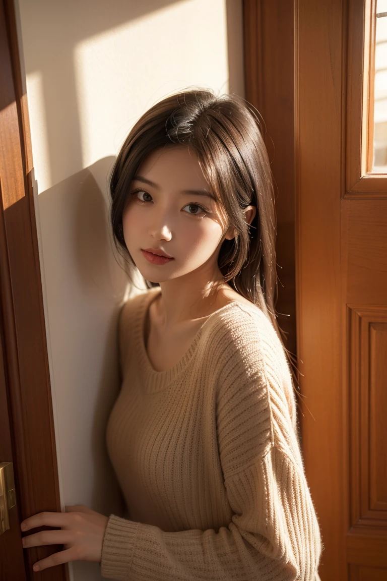 Nikon RAW photo,8 k,Fujifilm XT3,masterpiece, best quality, realistic, photorealistic,ultra detailed,1girl,solo, close up portrait, standing by the window in a soft gray cashmere sweater