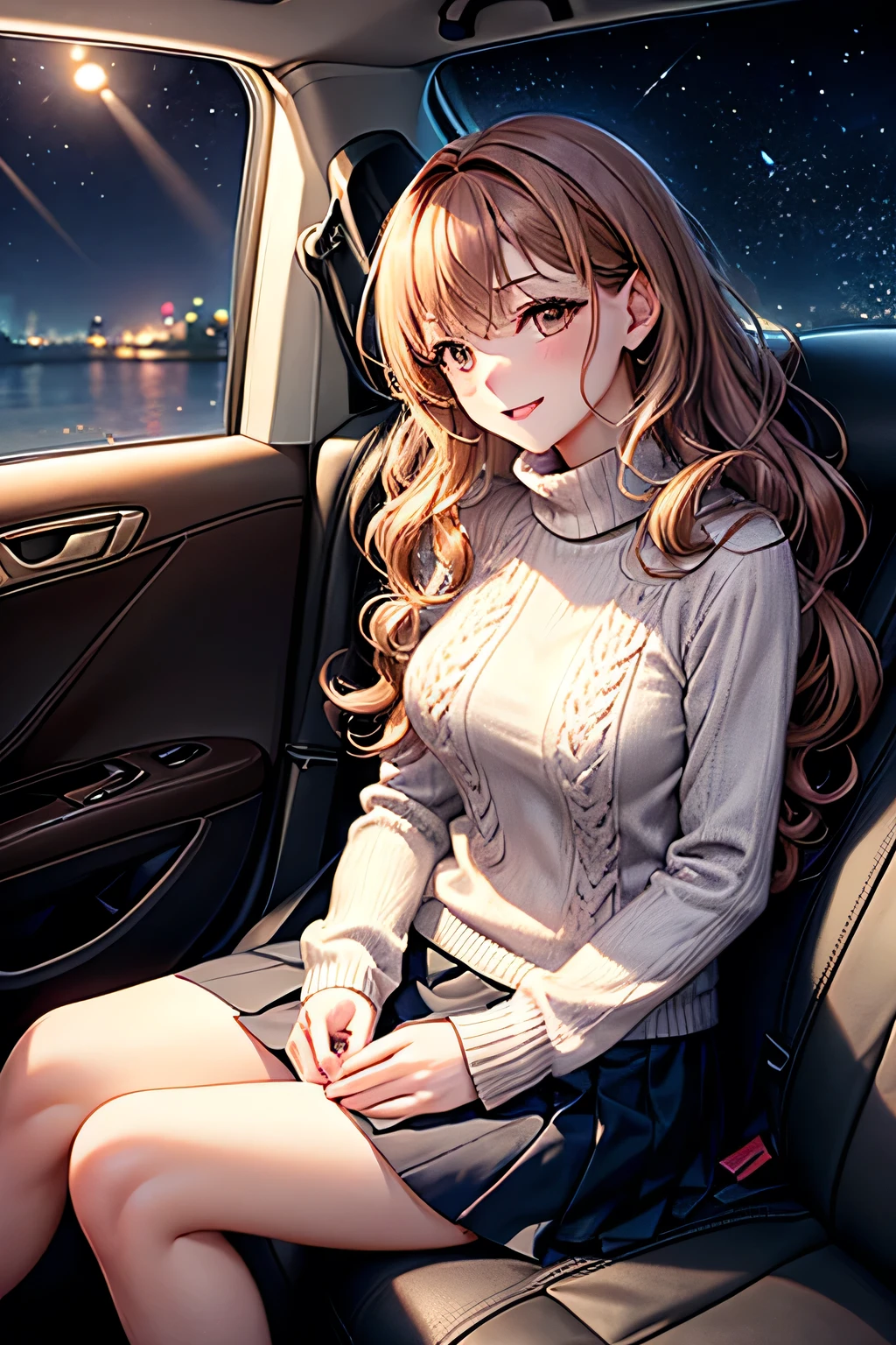 detailed illustration, dynamic angle, ultra-detailed, illustration, 1girl, long wavy blonde hair, long hair, bright blue eyes, hair clip, cleavage, medium breasts, winter, in a car, smiling, sitting in the car, passenger's seat, feet up, happy