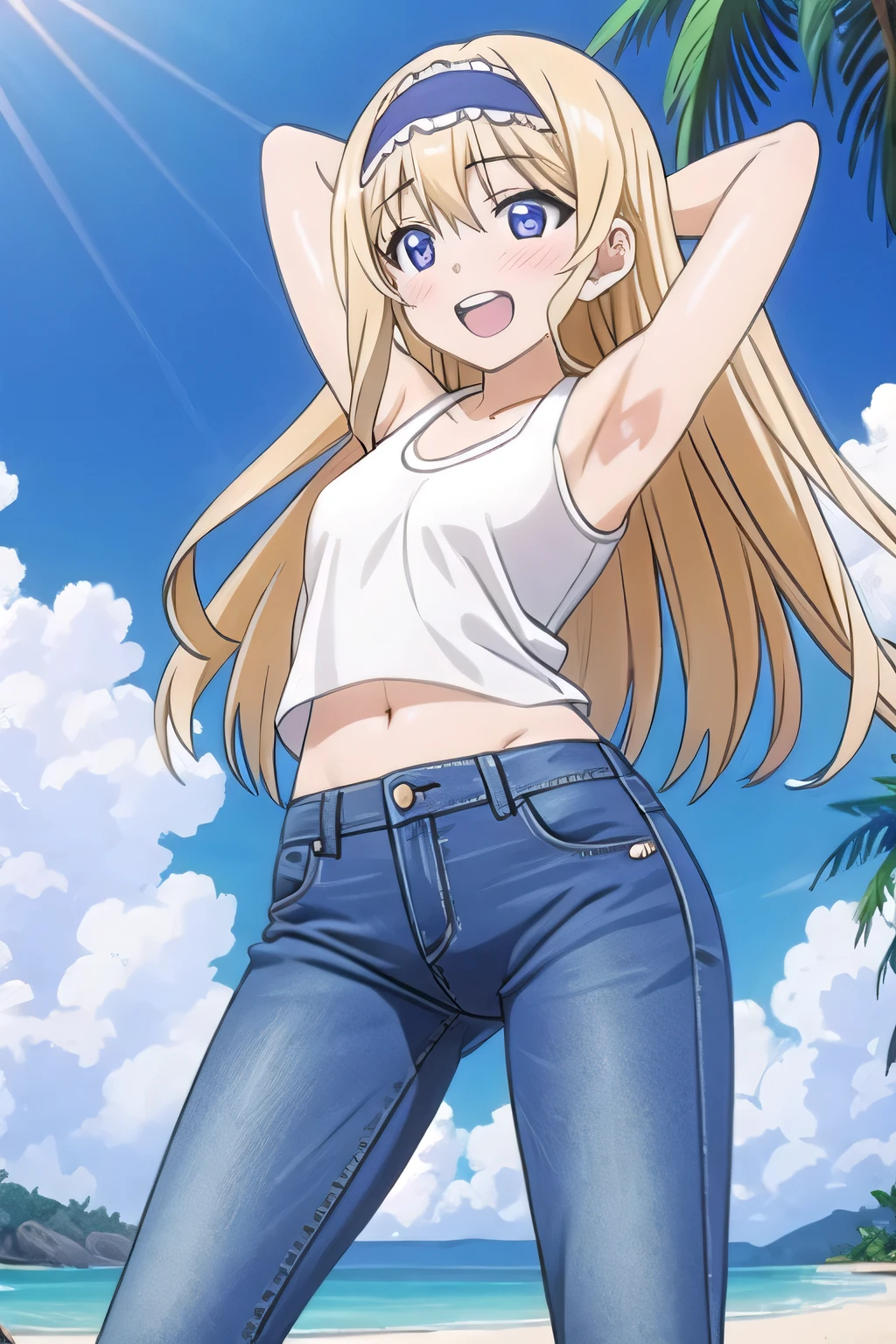 masterpiece,best quality,ultra detail, ((Perfect Face, Perfect Arms, Perfect hands, Perfect Fingers)), 1girl, , peti ((round face, ecstasy, orgasm face, drooping eyes, shame smiling, blush)), dropping eyes, sleepy, Open mouth, ((White teeth)), background((under the beach, (day:1.2), palm tree, bright sky)), cecilia alcott, long hair, blue eyes, blonde hair, hairband, drill hair, blue hairband, ((arms behind head, hands behind head, fingers behind head)), ((contrapposto)), spread armpits, looking at viewer,, (white tank top:1.2), (white crop top:1.2), (jeans pants:1.2, flares jeans:1.2, skinny jeans:1.2, blue jeans:1.2), standing, (legs spread:1.4), sex pose, Sweaty crotch, Steam from the crotch, from below, whole body
