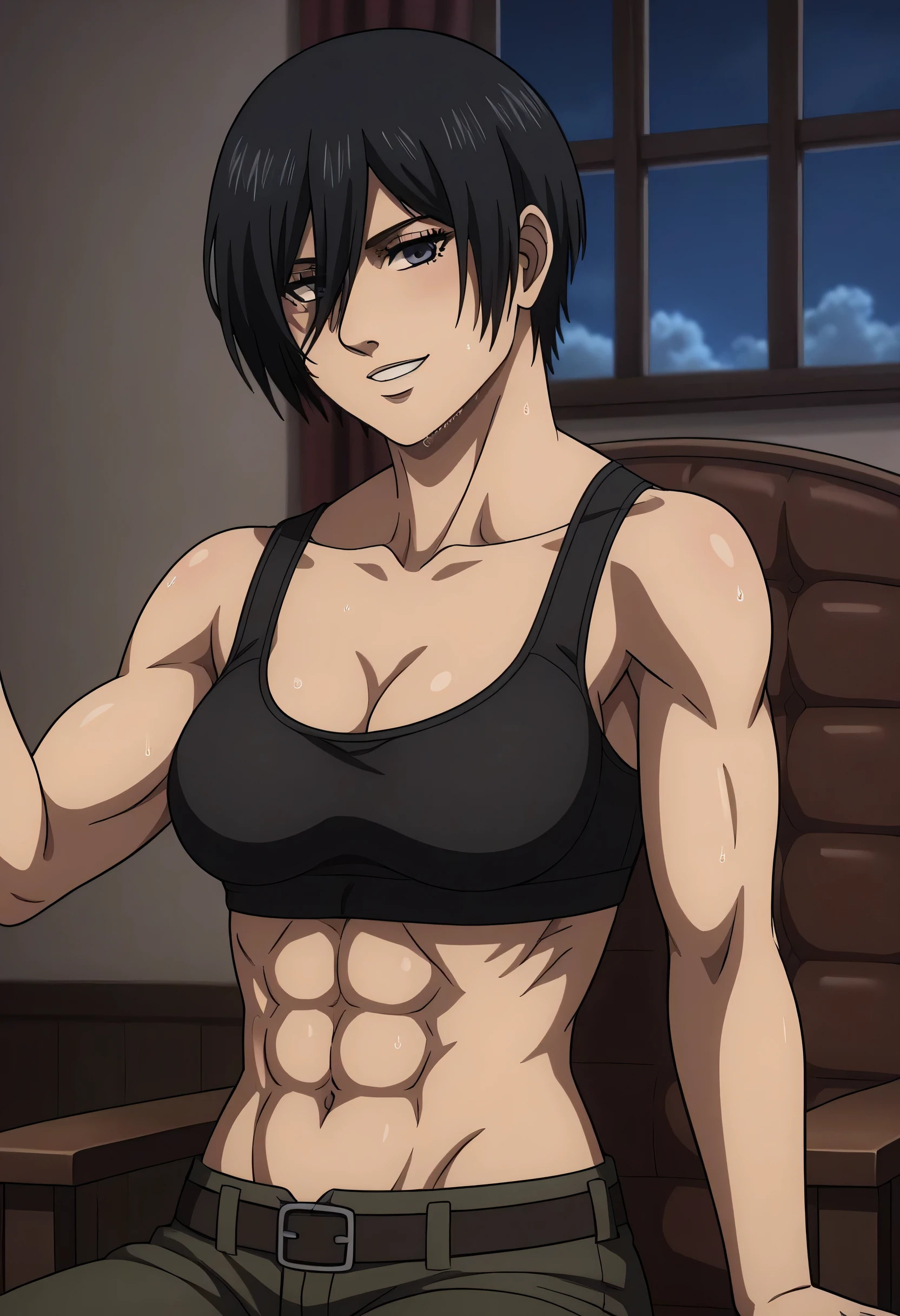 score_9, score_8_up, score_7_up, BREAK source_anime, mikasa ackrman, grey eyes, black hair, short hair, medium breasts,Mikasa wreanig black tight sport Elastic fiber bra and black loose military trousers,mikasa with good looking body,perfect lighting,mikasa final season design,mikasa mappa version,sitting on chair, Perfect generation,mikasa boy hairstyle,mikasa season 4 version,attack on titan graphics,in night,HD wallpaper,perfect colors,pixie cut hairstyle,fighting face,,Sweat body,mikasa flat stomach,mikasa only six-pack,normal body size,anime style,tone six-pack,attack on titan season 4 style,upper body,close review to character,bra design as tank top, mikasa handsome face,in bedroom,light trun off in room,mikasa alone in room,solo,1girl, serratus anterior muscles,Qblique muscles,female navel,teeth appear at smile,too white skin,fixing graphics,mikasa perfect face,mikasa open pants buttons indicates that she ready to have sex