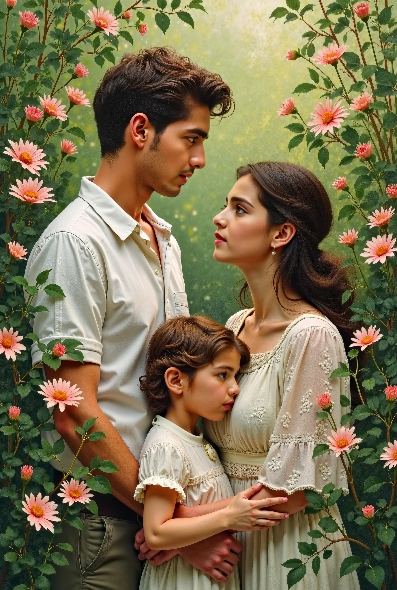 There is a man and woman standing in a garden with flowers - SeaArt AI