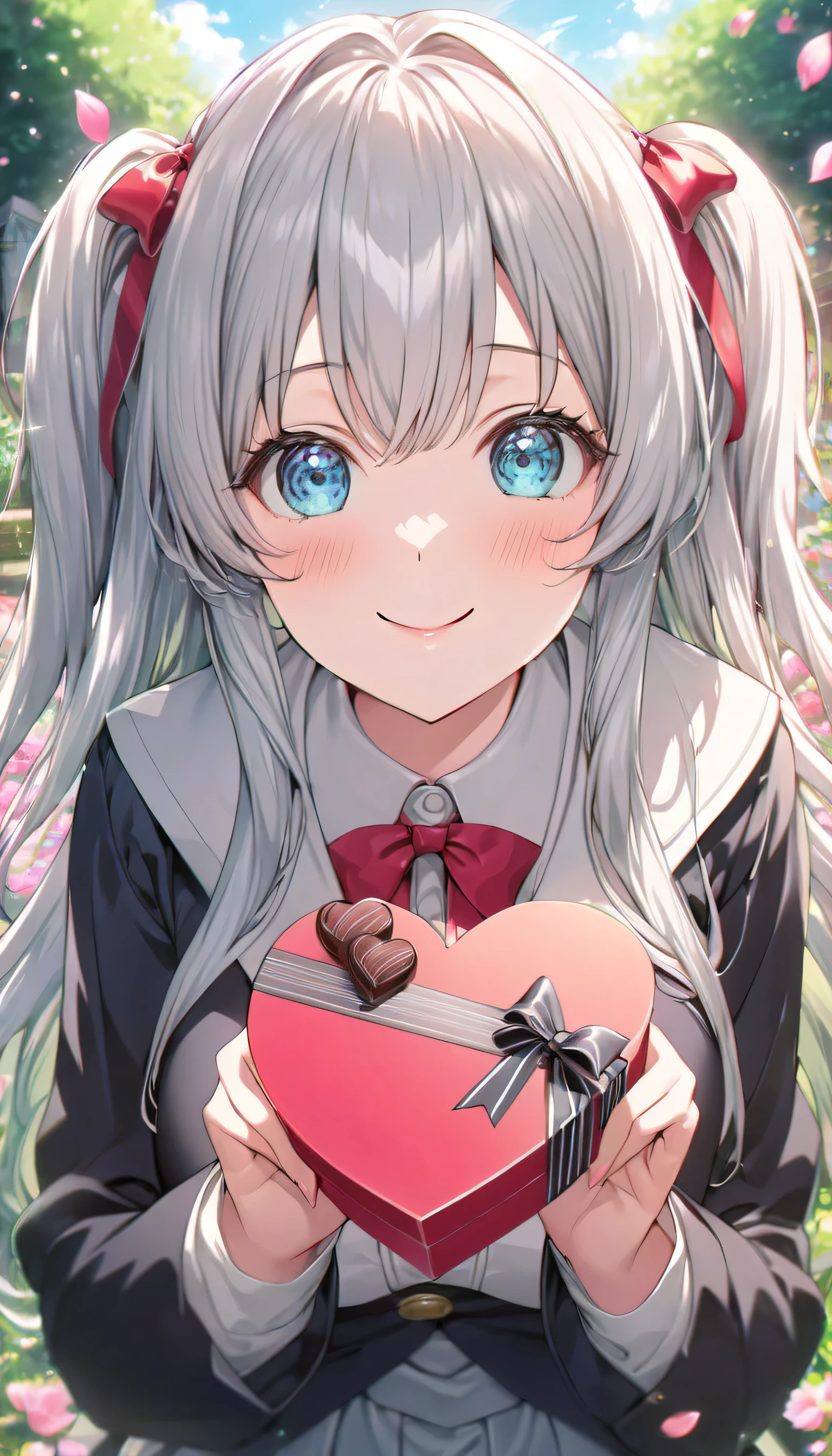 ((ultra-detailed)), (highly detailed CG illustration), (best quality:1.2), ultra-highly detailed, colorful composition, artistic photoshoot, 1girl, solo focus, ((upper body:1.4)), moe anime character, girl, dainty facial structure, (bab(round face), ((rounded chin:1.2)), ((ideal ratio body proportions)), celia-default, celia claire, (blue eyes), sparkle eyes, silver hair color, two side up, ((hair ribbon with red), (deep royal blue and white strips hair ribbon), ample breasts, school uniform, black blazer, modern style with fitted jacket, red neck bow, long sleeves white shirt, black pleated skirt, and black high socks, ((look of anticipation)), ((shy:1.4)), ((blush:1.4)), ((bashful:1.4)), ((excited)), ((full-face blush:1.4)), ample breasts, ((giving Valentine's chocolate)), ((chocolates in a heart box)), petals glowing and fluttering, standing by the victorian garden with flowers, beautiful detailed sky, dynamic pose, looking at viewer, best quality, masterpiece, looking up, expecting, pink cheek, blush, light pink gloss slip, portrait, depth of field, soft lighting, sidelighting, (shine), lighting, caustics, ray tracing, smile, perfect face, lustrous skin, highly detailed face, highly detailed eyes, perfect face, perfect nose, perfect hair, perfect eyes, perfect anatomy, beautiful hair, beautiful small face, extremely detailed face, beautiful detailed eyes, beautiful clavicle, beautiful body, beautiful huge breasts, leavage, breasts squeezed together, equalize the size of the left and right breasts, beautiful fingers, 4 fingers, 1 thumb, lovely, (very detailed background:1.0), (highly detailed background:1.0), spring aesthetic, intricate details, love atmosphere, spring colors palette, chromatic aberration