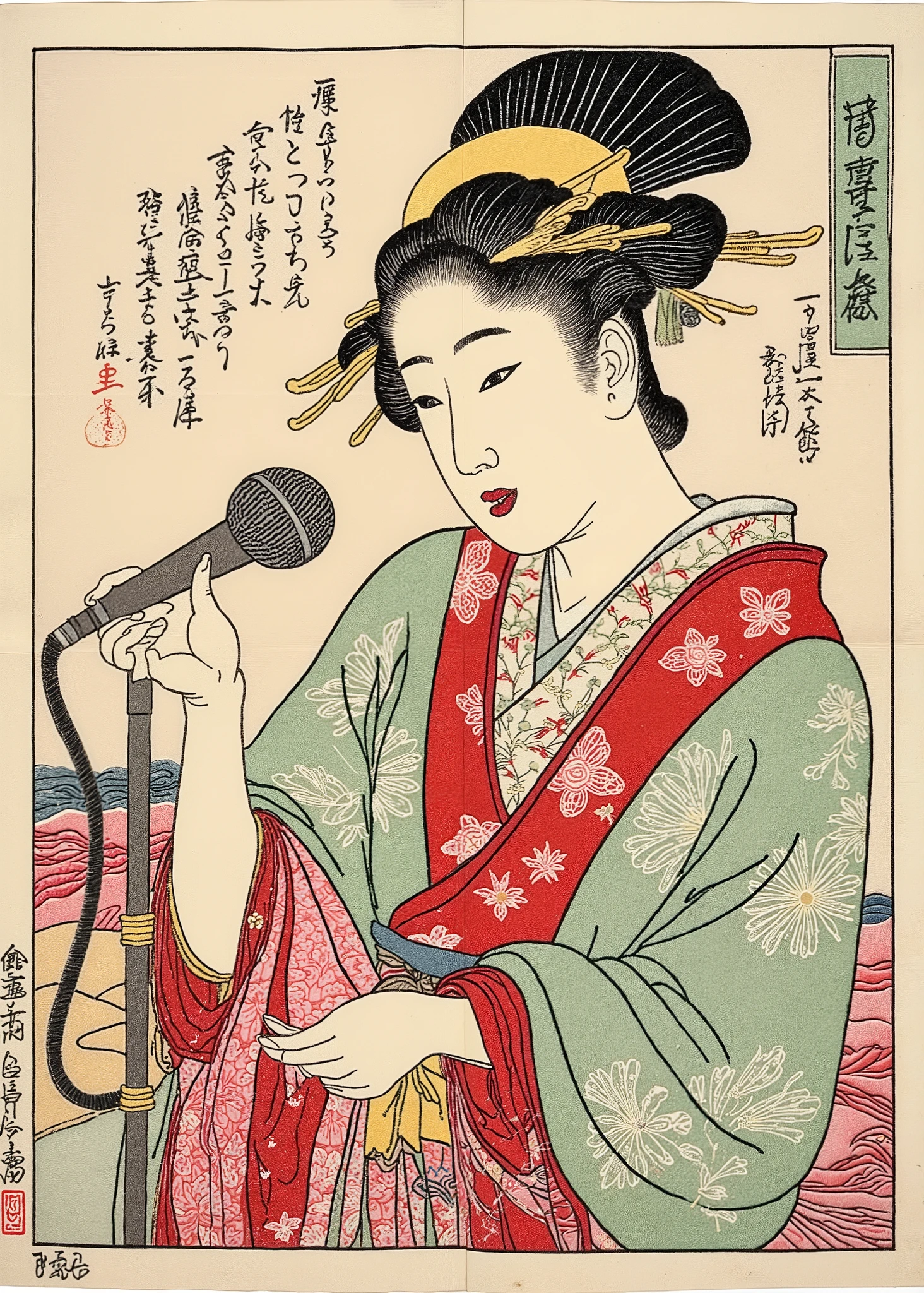 Ukiyo-e Style , 派手な kimonoを着たゲイシャがマイクスタンドの前で歌っている、microphone with pop guard、THE First take, Ukiyo-e on Japanese paper , mixed style of sumi-e and Ukiyo-e , kimono, Zen ink painting , tsukioka1 Japanese woodblock print Ukiyo-e , upper body, half body photo、texture
